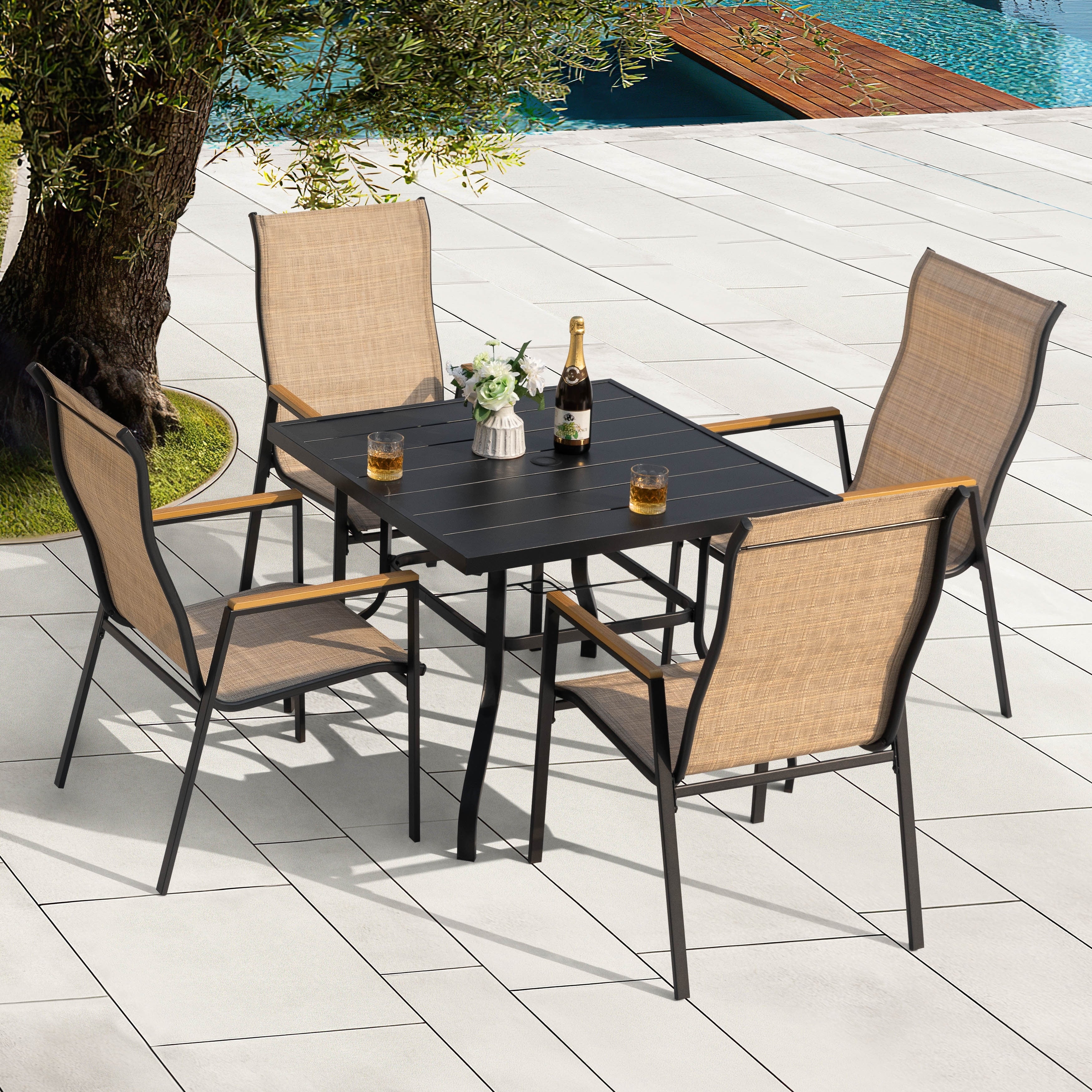 5 Piece Textilene Patio Dining Set With Umbrella Hole Stackable Design