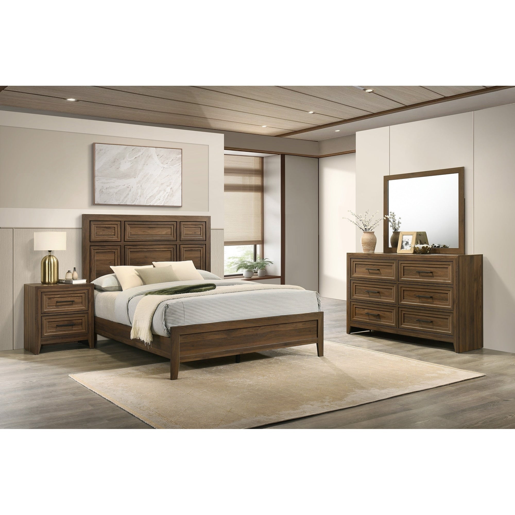 5Pc Antique White Architectural Paneling Bed Dresser Mirror 2X Nightstand Wooden Bedroom Furniture Set