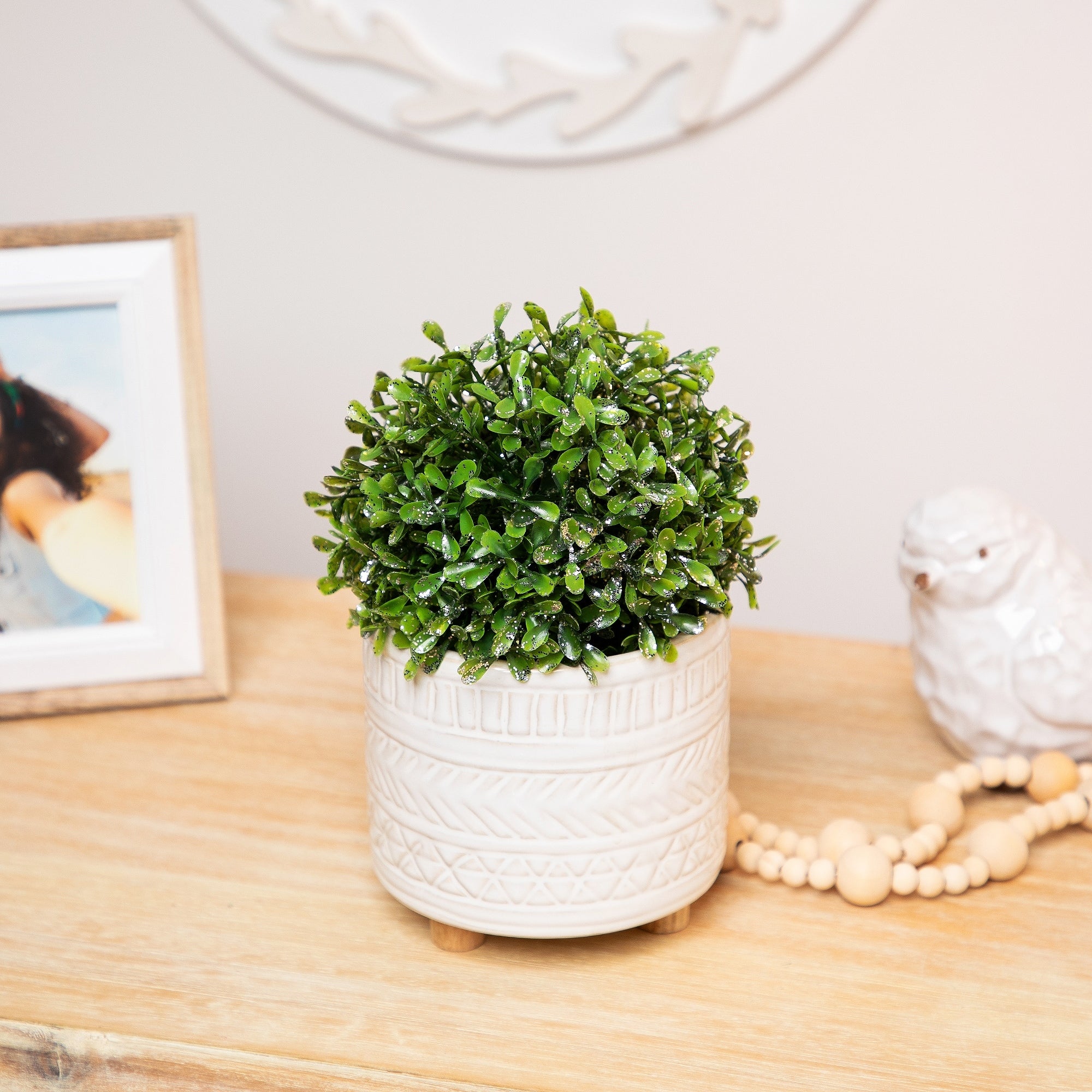 5 Sprout Green And Sparkling Silver Glitter Artificial Leafy Garden Grass Ball Unlit