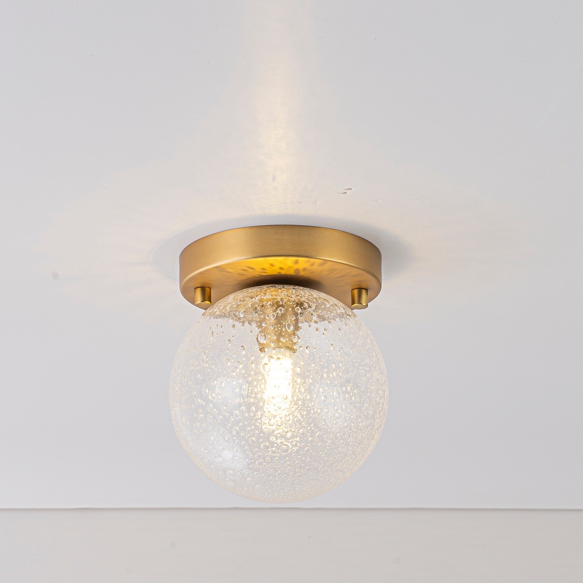 5 Modern 1 Light Flush Mount In Brass Finish Ceiling Light With Clear Seeded Bubble Glass Globe Shade