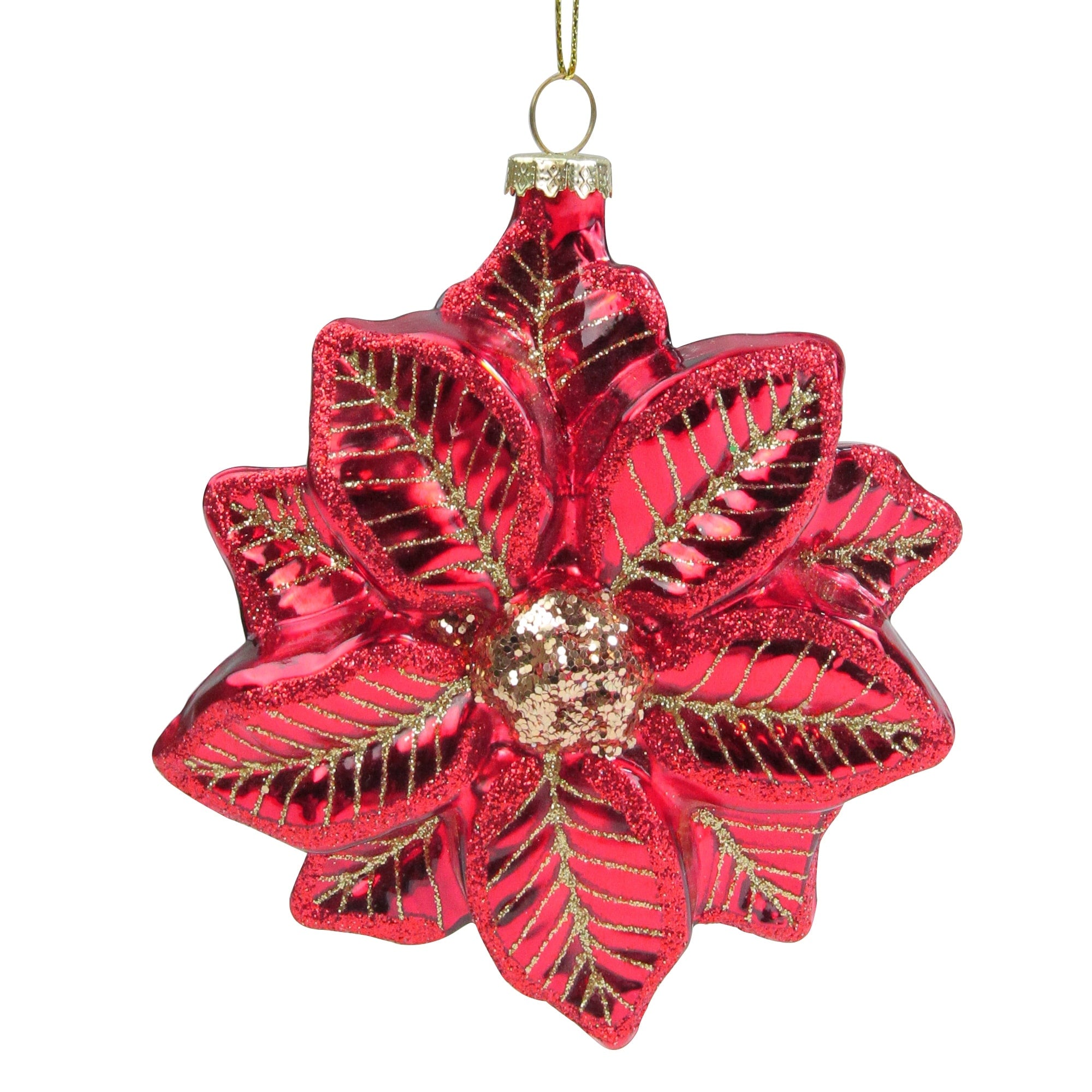 5 Red And Gold Glittery Poinsettia Glass Christmas Ornament