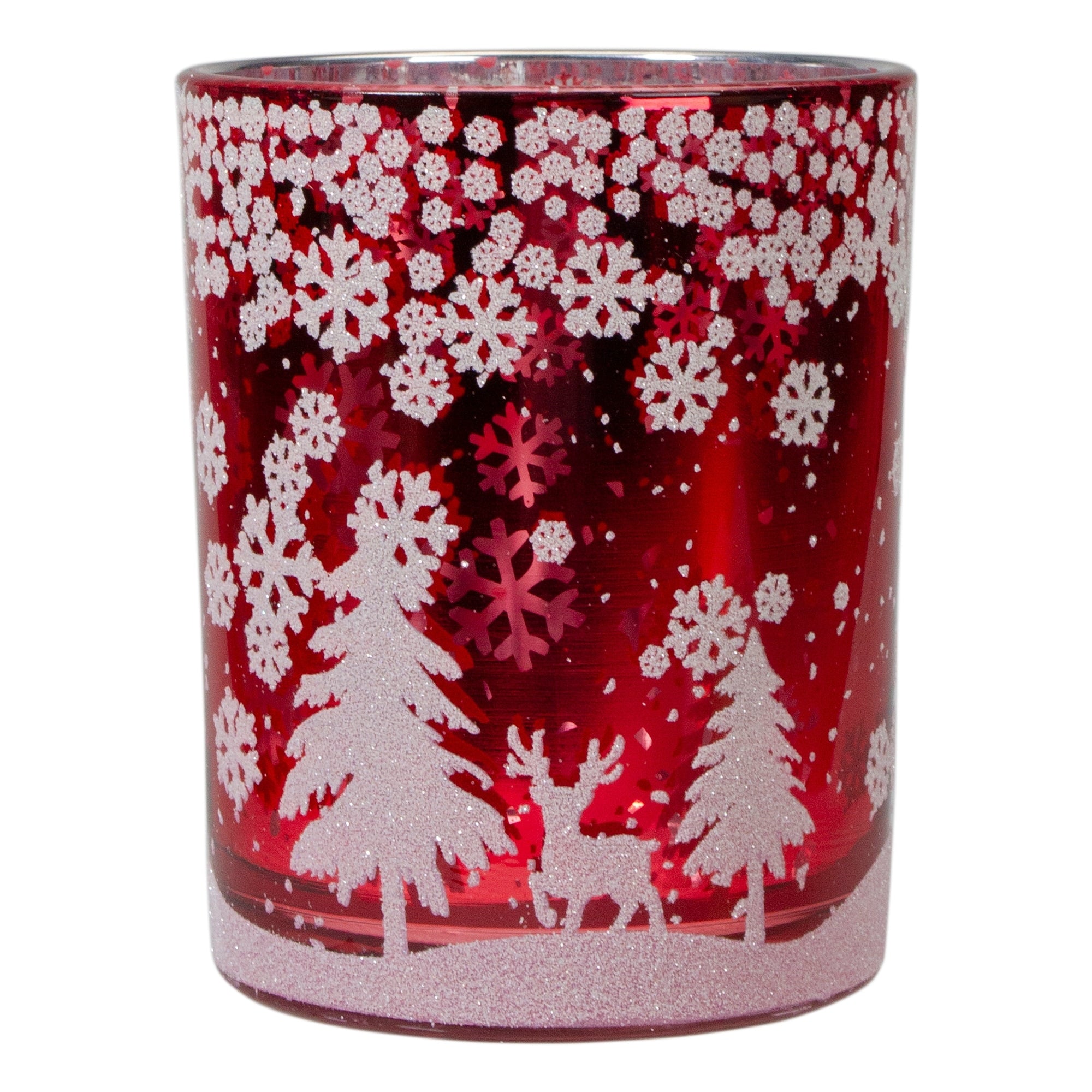 5 Red And Shiny Silver Deer In Winter Woods Flameless Candle Holder