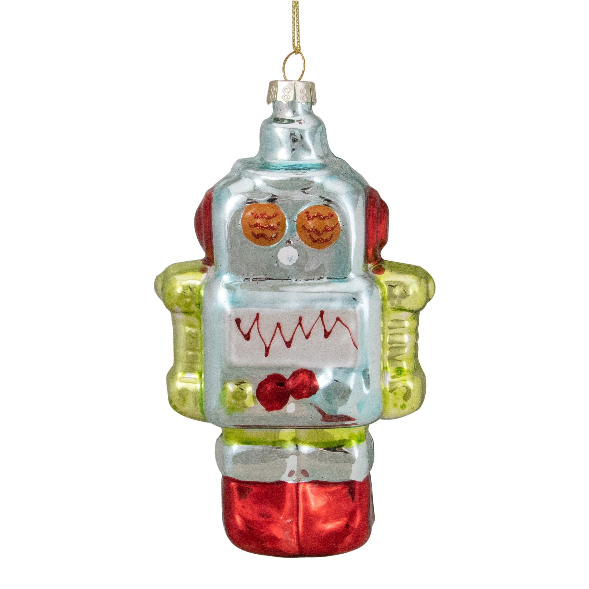 5 Silver And Green Robot Hanging Glass Christmas Ornament