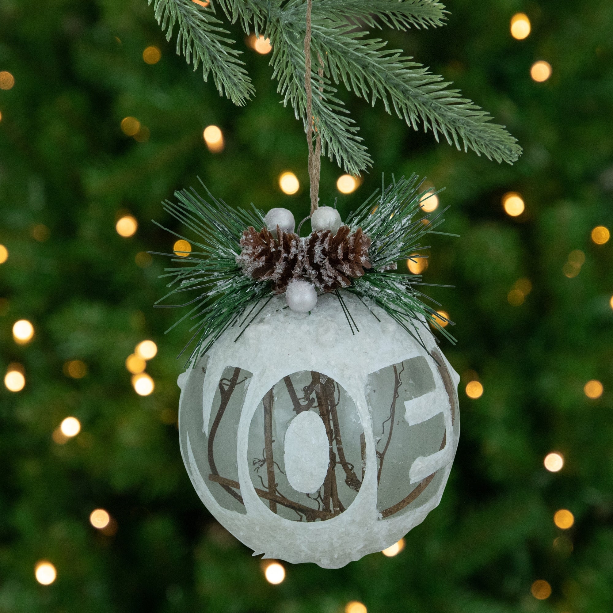 5 White Frosted Noel With Holly And Berries Glass Christmas Ornament