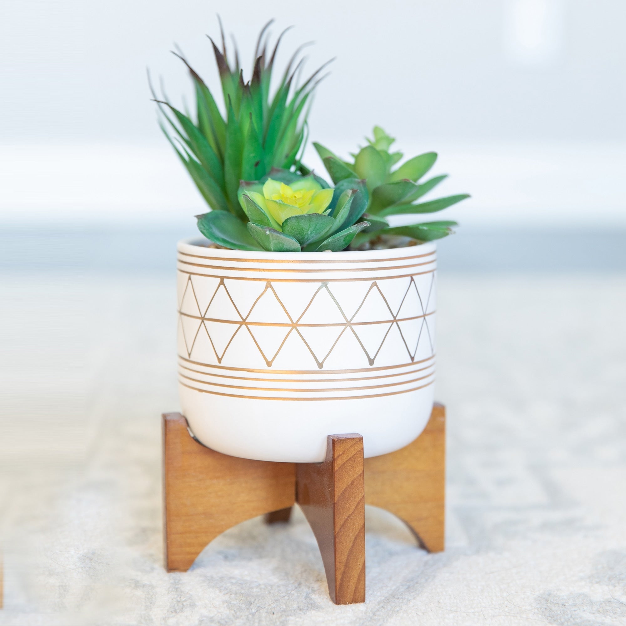 5 White Gold Ceramic Geometric W Wood Stand Planter Pot Mid Century