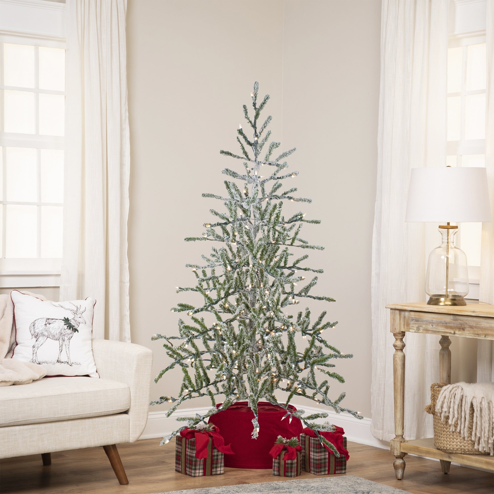 5 Pre Lit Flocked Alpine Coral Artificial Christmas Tree Warm White Lights