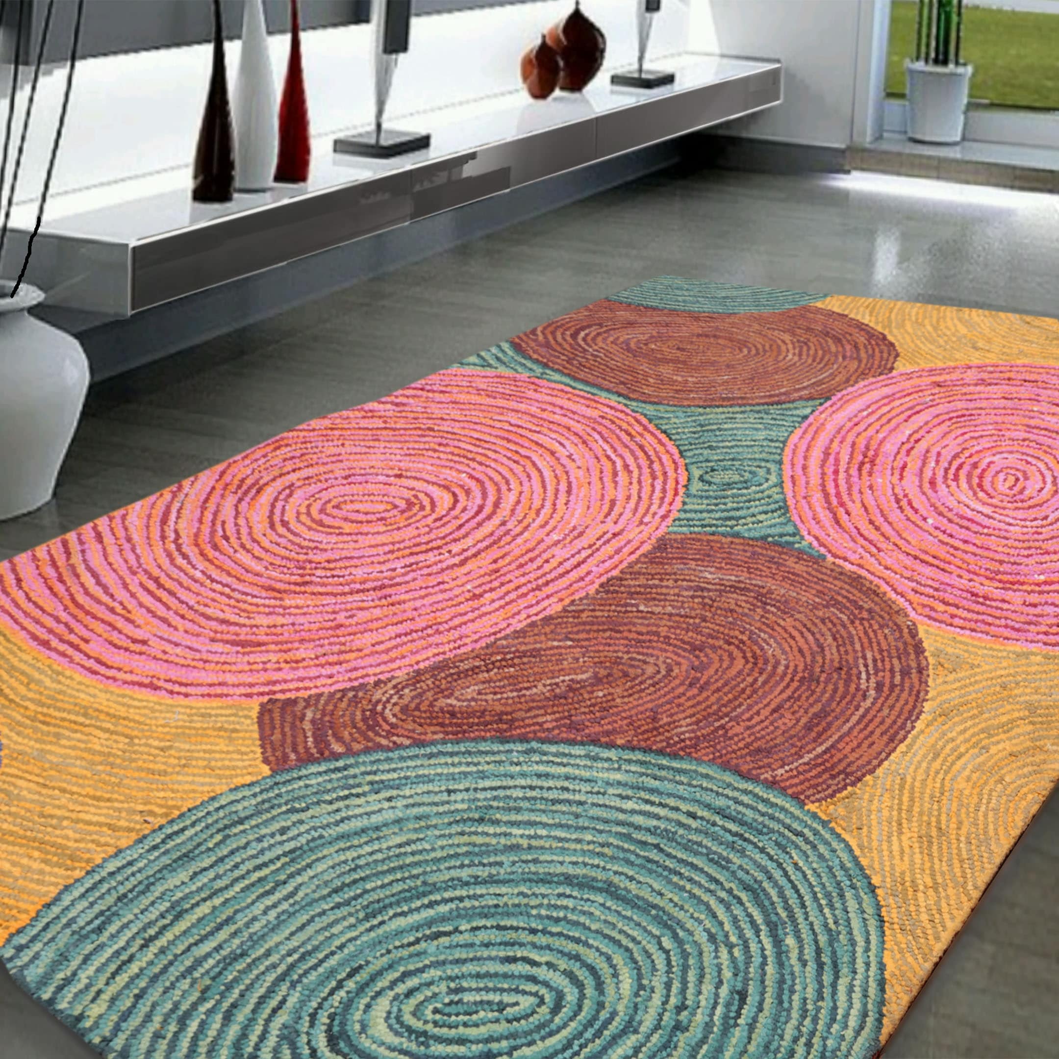 54X76 Hand Tufted Cotton Circle Medley Multi Color Cotton Area Rug Oriental Area Rug Pink Gold Color 54 X 76