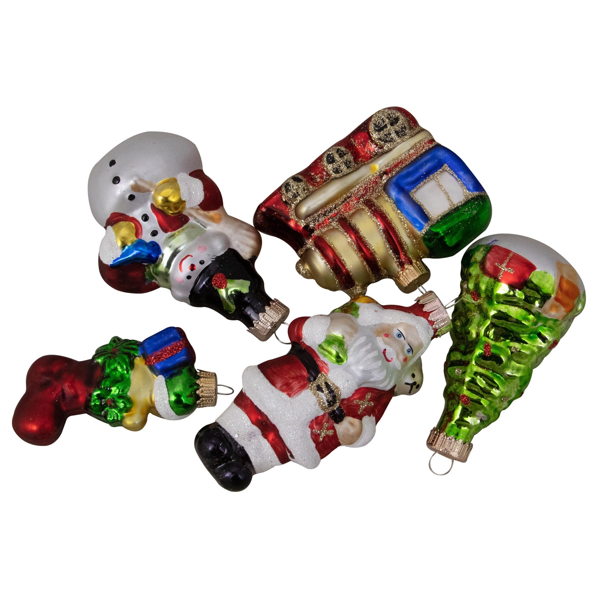 5Ct Festive Holiday Santa And Snowman Figurine Glass Ornament Set 1 3.5 N A
