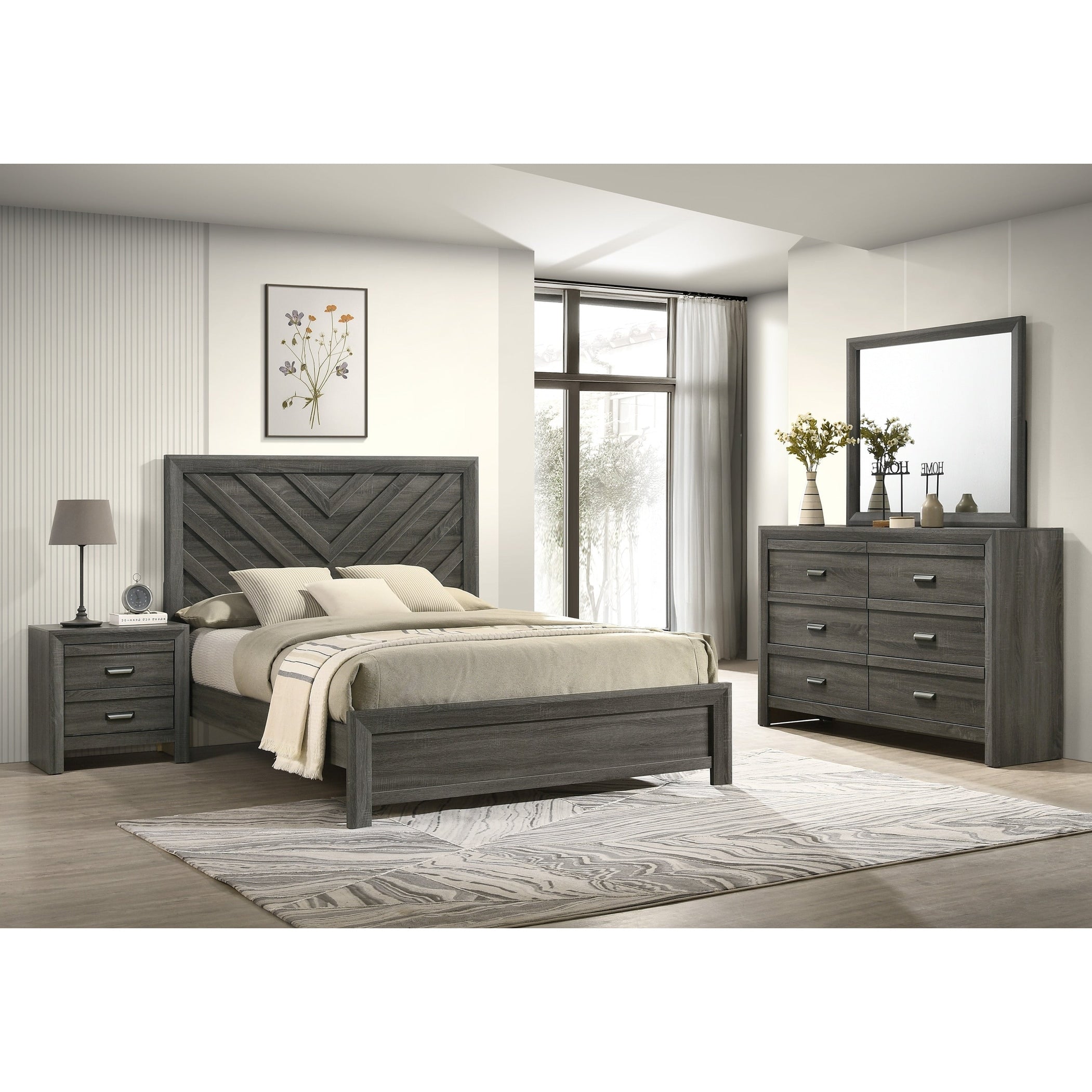 5Pc Contemporary Chevron Patterned Headboard Panel Bed Dresser Mirror 2X Nightstand Set Gray Finish