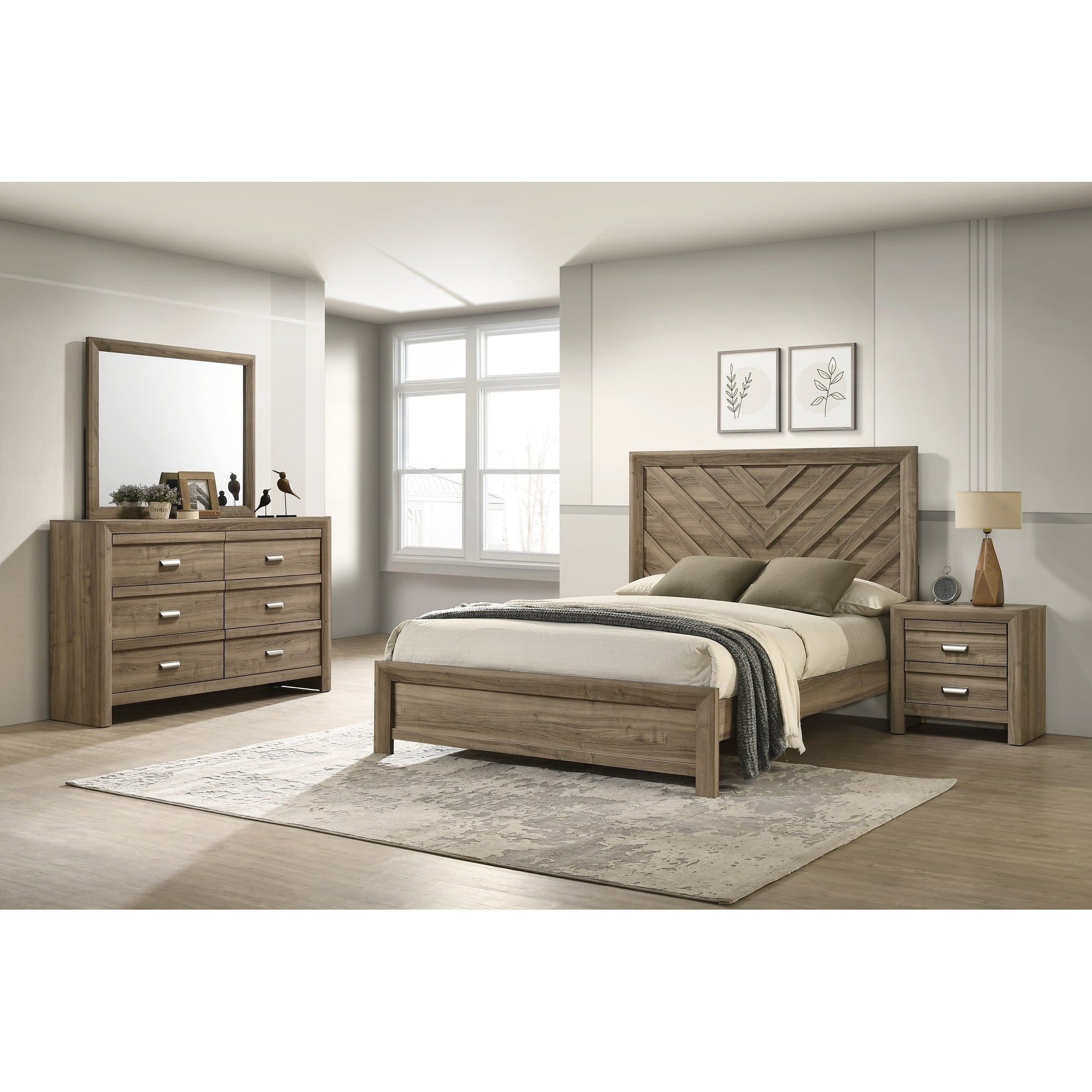 5Pc Contemporary Chevron Patterned Headboard Panel Bed Dresser Mirror 2X Nightstand Set Light Brown Finish