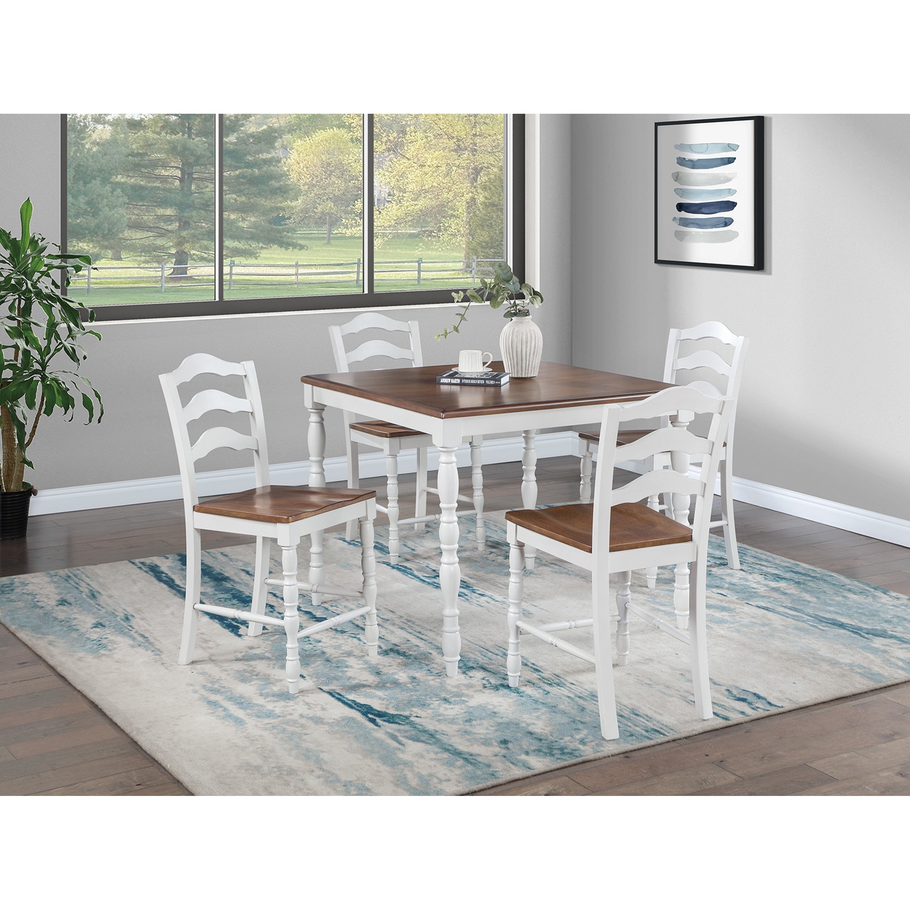 5Pc Counter Height Dining Room Set Ladder Back White And Oak Finish