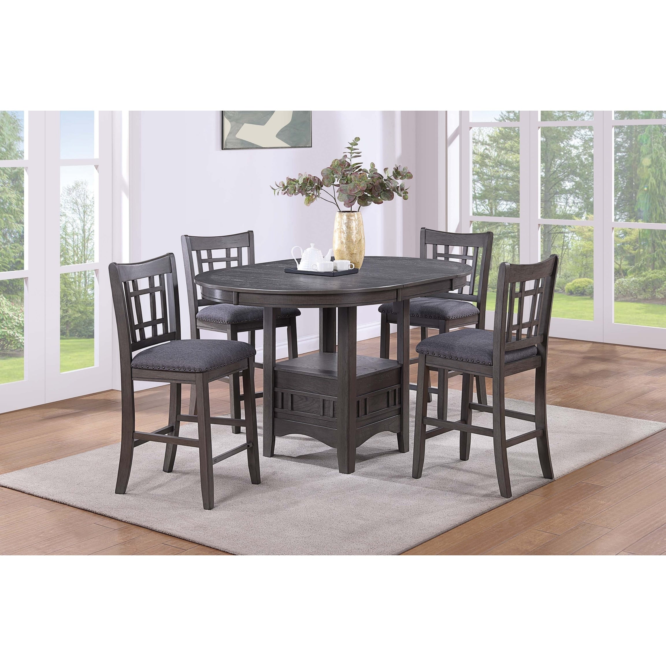 5Pc Counter Height Dining Set Built In Leaf Gray Finish