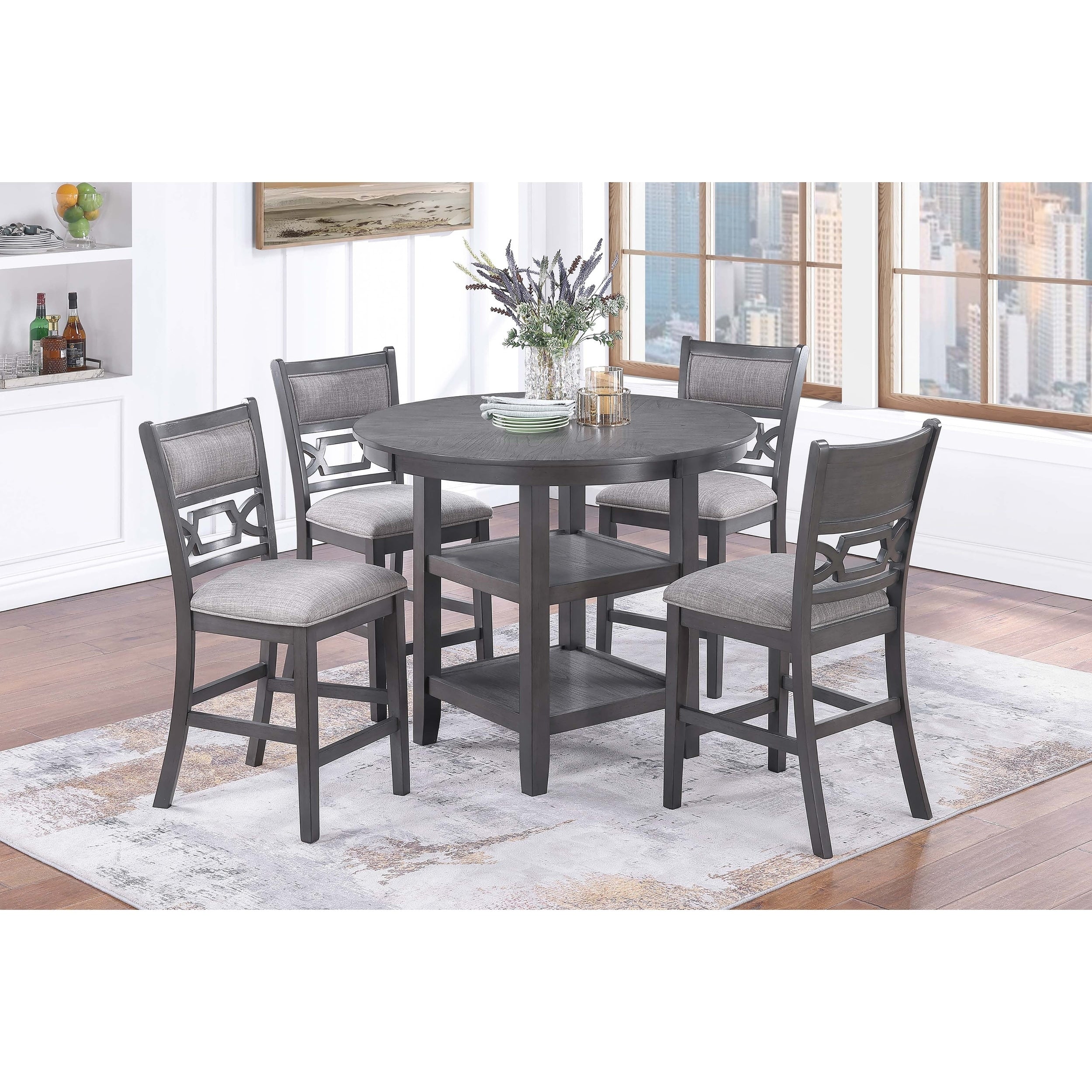 5Pc Counter Height Dining Table Set Built In Shelf Gray Finish