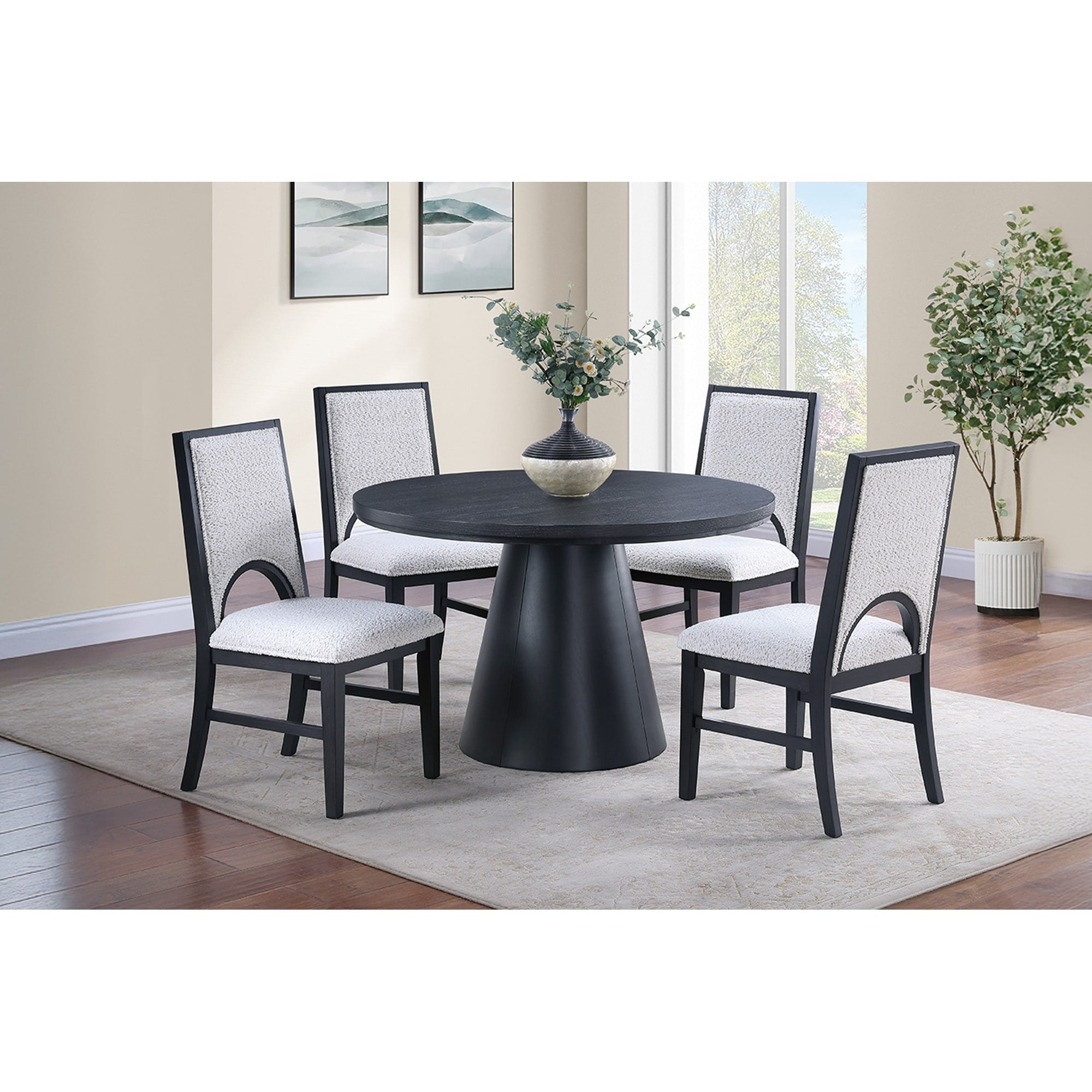 5Pc Dining Set Round Table Top Cone Base Black And White Finish