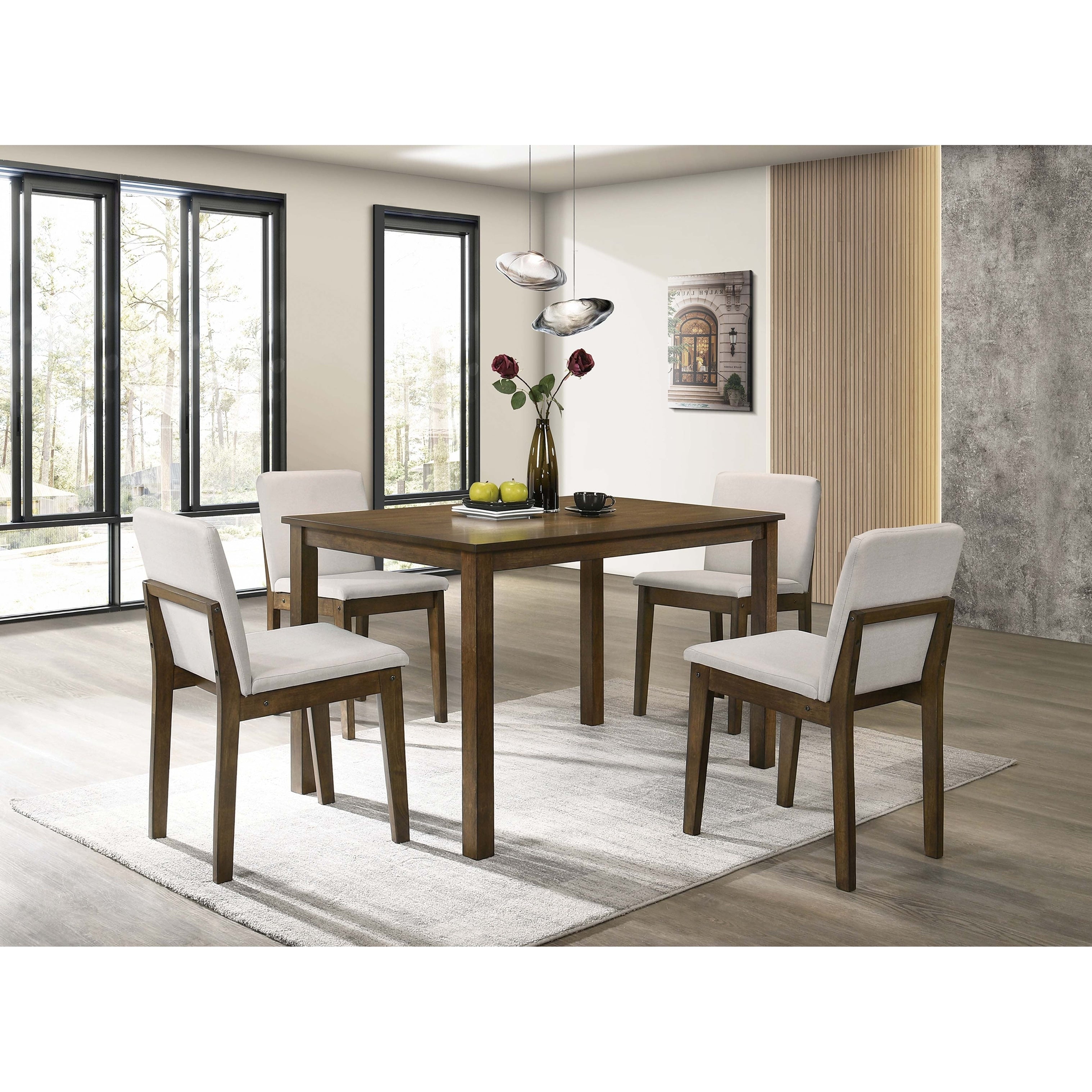 5Pc Dining Set Upholstered Chairs Back Support Dark Walnut And Beige Finish