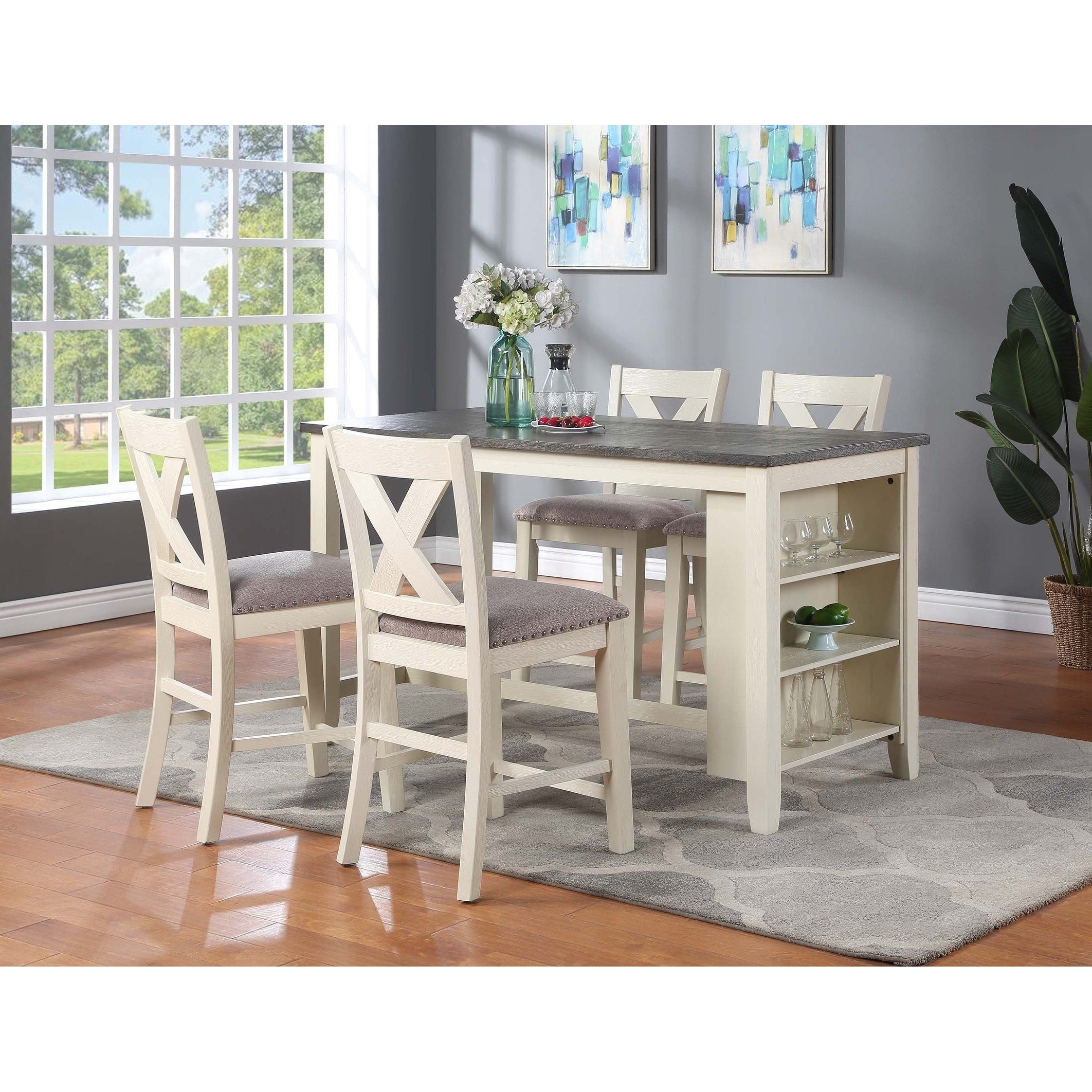 5Pc Dining Table Set Counter Height White Finish Side Shelf Storage
