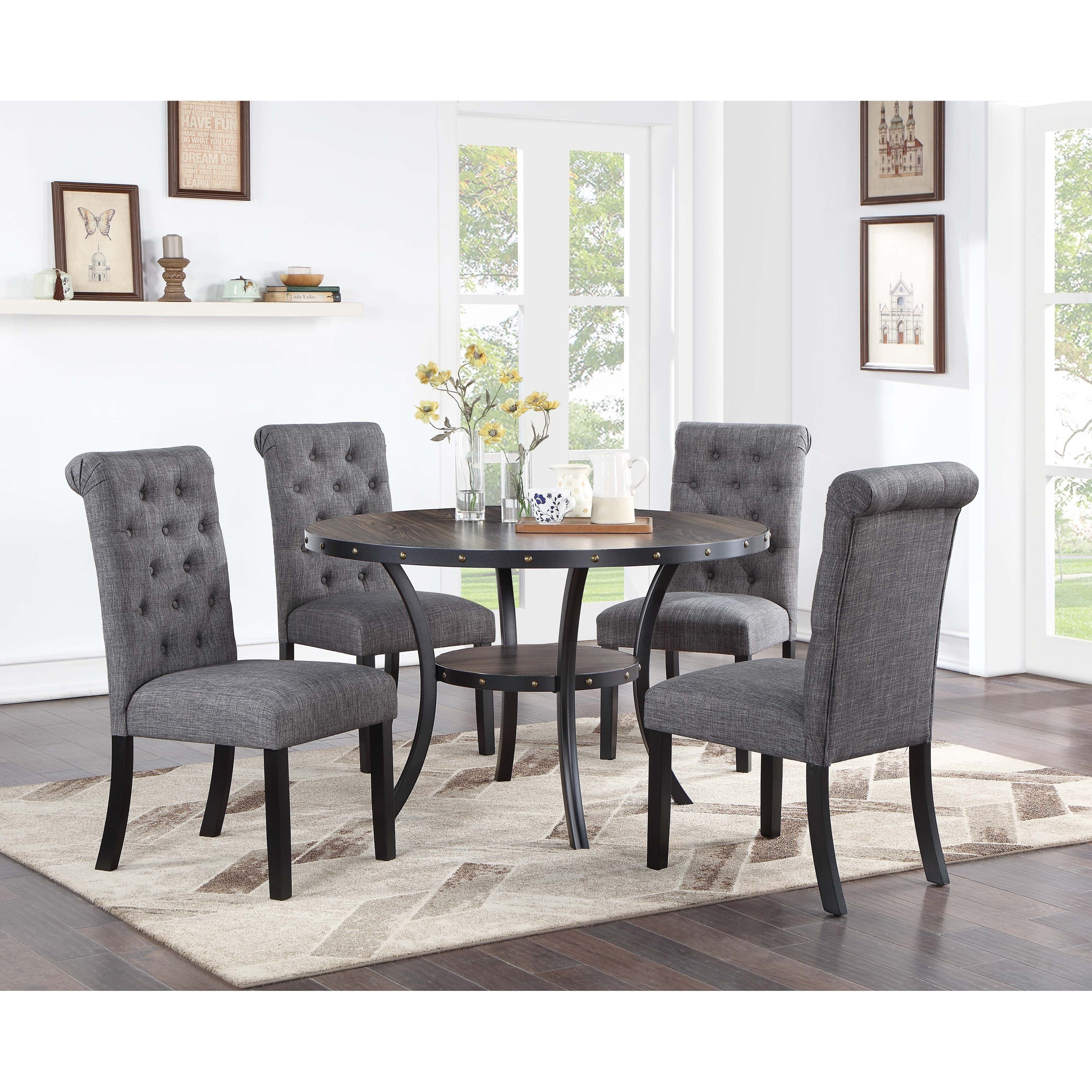 5Pc Dining Table Set Round Table Black And Charcoal Finish