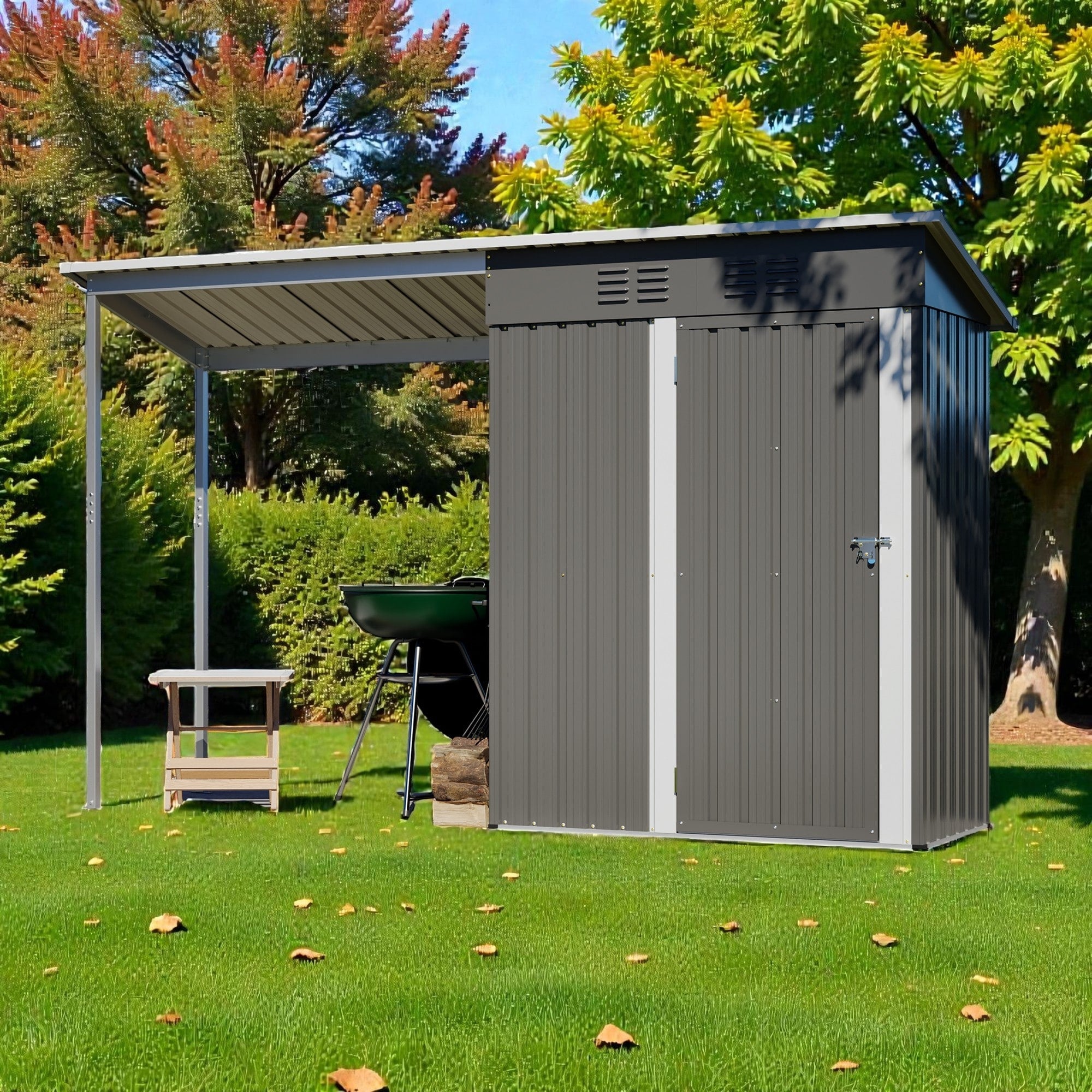 5X3 Ft Galvanized Steel Shed And Gazebo Combo Lean To Storage Shed With Pergola For Backyard