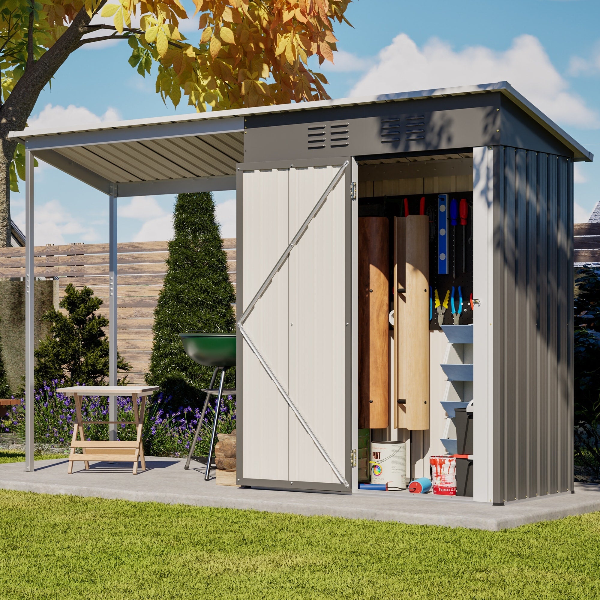 5X3Ft Galvanized Steel Shed Gazebo Combo Easy Assembly Lean To Storage With Open Pergola All Weather 2 In 1 Garden Shed