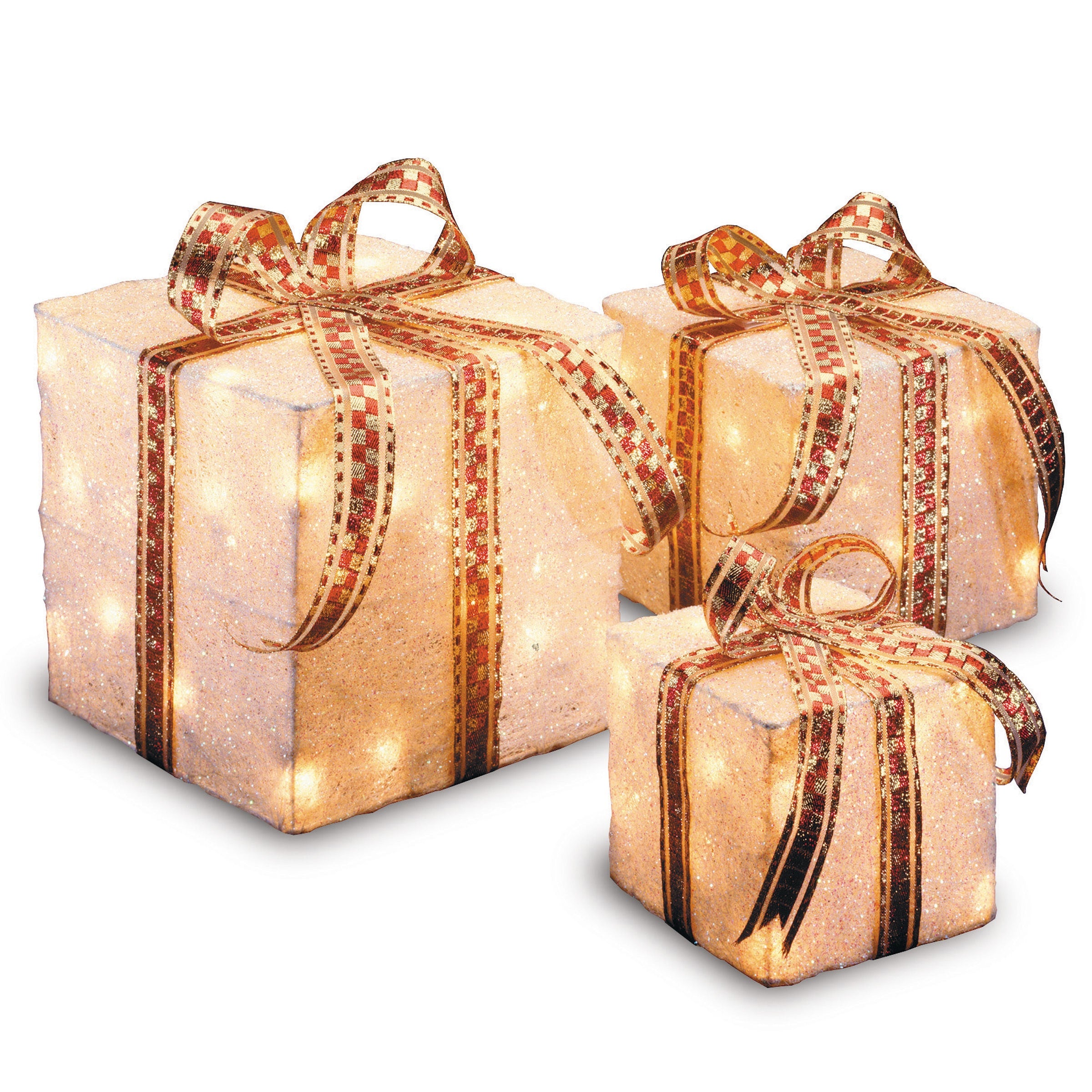White Sisal Pre Lit Indoor Outdoor 3 Piece Decorative Gift Box Set