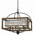 6 Bulb Square Chandelier With Wooden Frame And Organza Striped Shade Brown