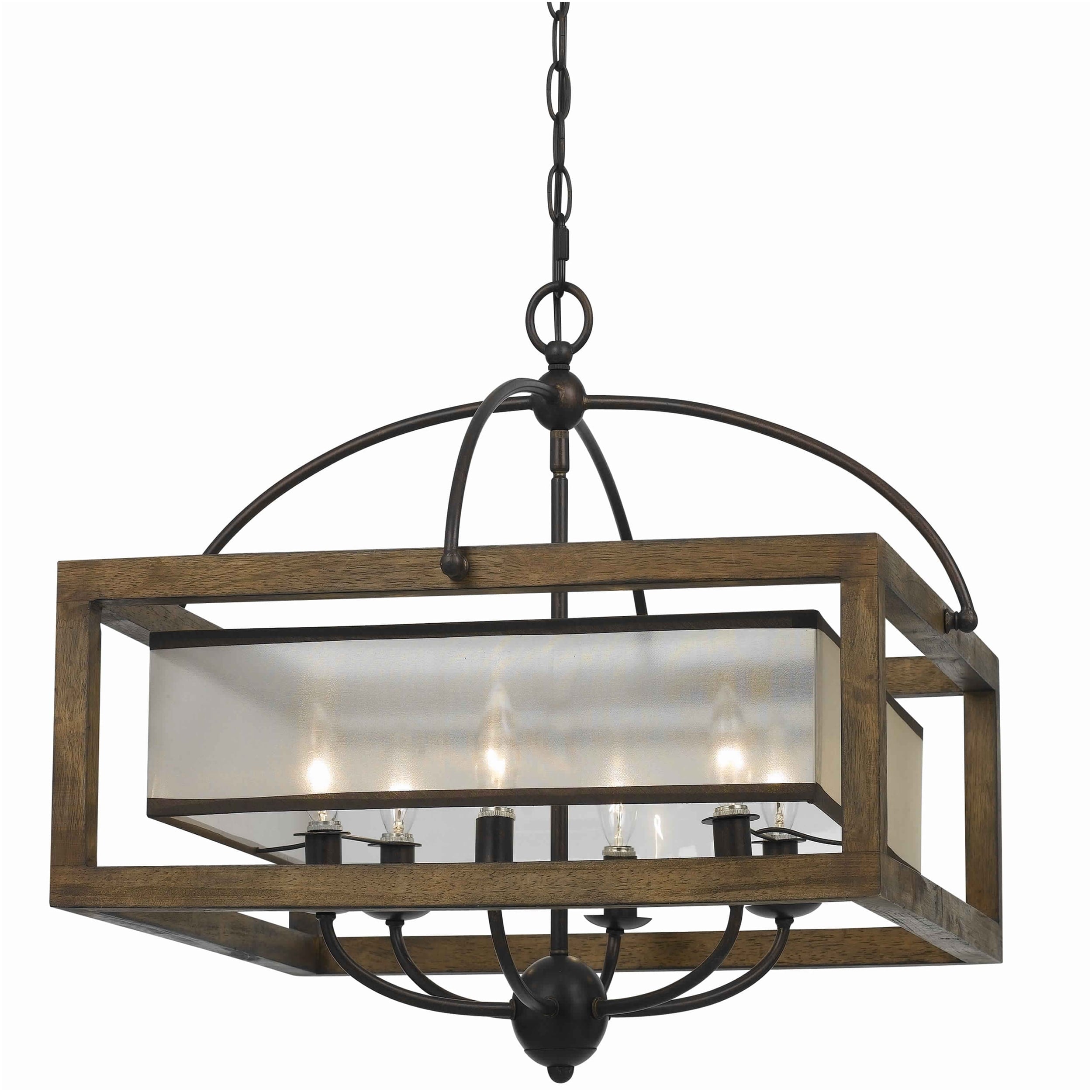 6 Bulb Square Chandelier With Wooden Frame And Organza Striped Shade Brown