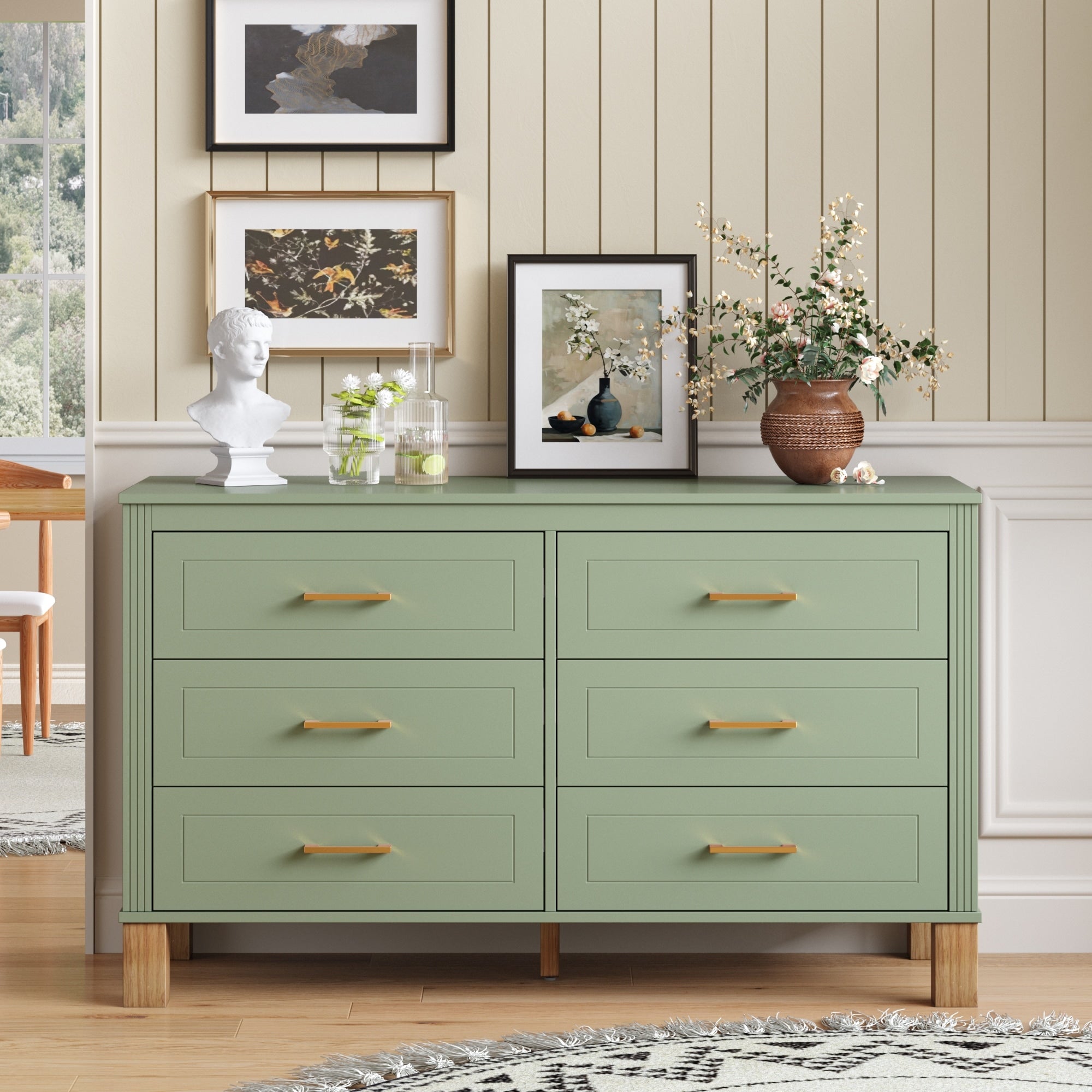 6 Drawer Double Dresser Modern Storage Cabinet With Metal Handles Solid Wood Legs Heavy Duty Wooden Dresser