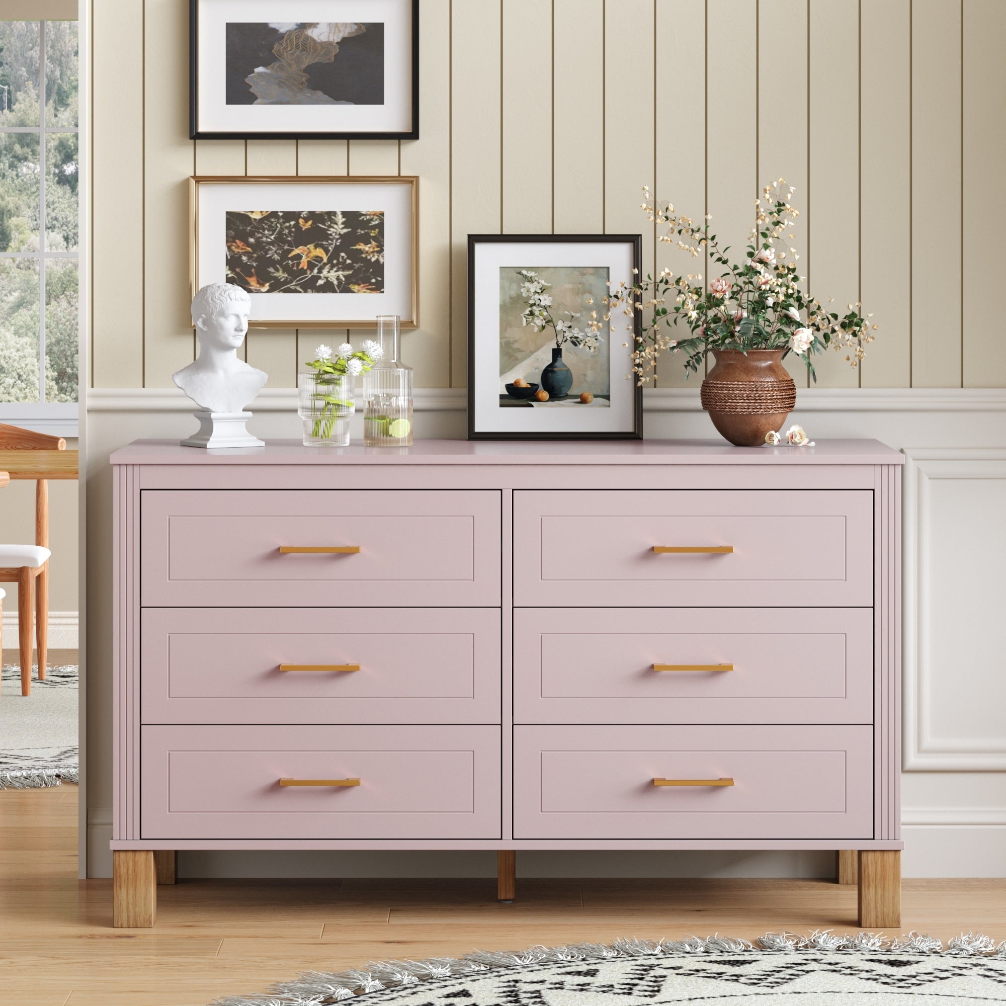 6 Drawer Double Dresser Modern Storage Cabinet With Metal Handles Solid Wood Legs Heavy Duty Wooden Dresser With Pre Installed