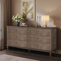 6 Drawer Double Wide Wood Dresser Storage Chest With Self Closing Slides Metal Copper Handles Solid Wood Roman Column Legs