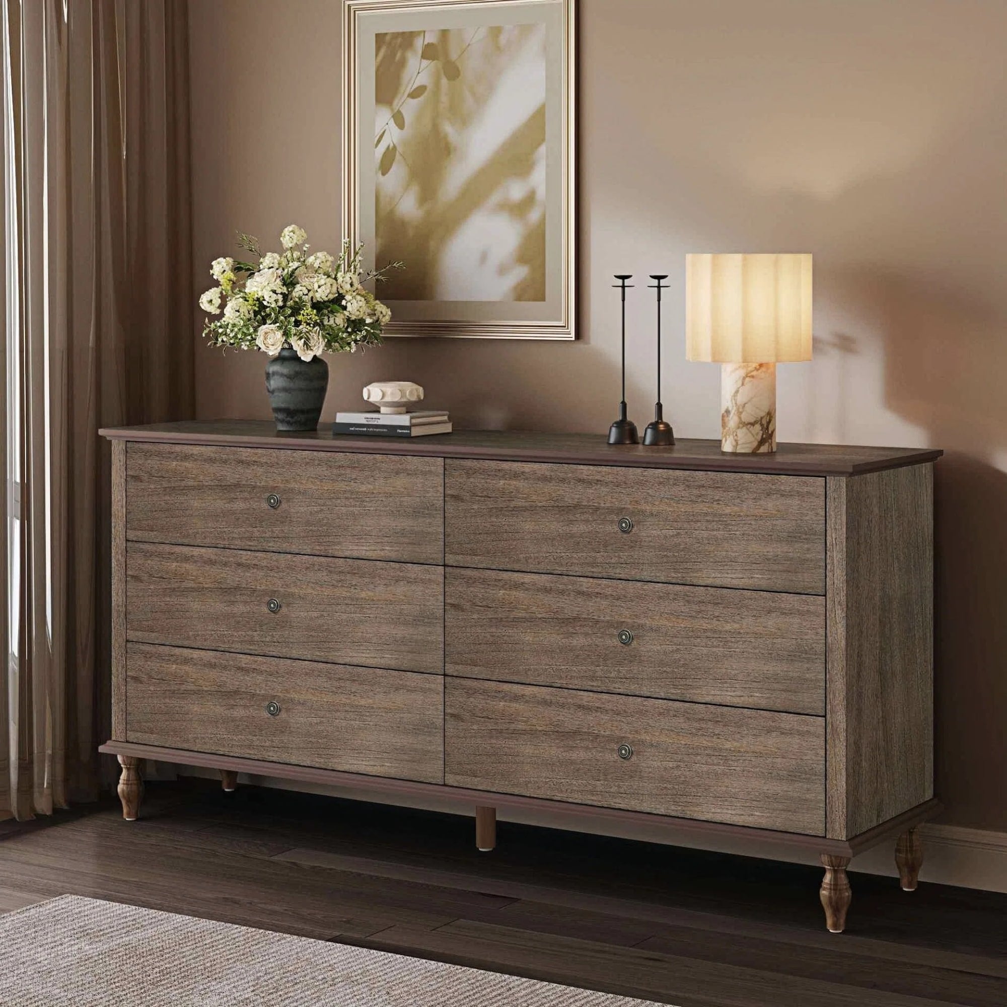 6 Drawer Double Wide Wood Dresser Storage Chest With Self Closing Slides Metal Copper Handles Solid Wood Roman Column Legs