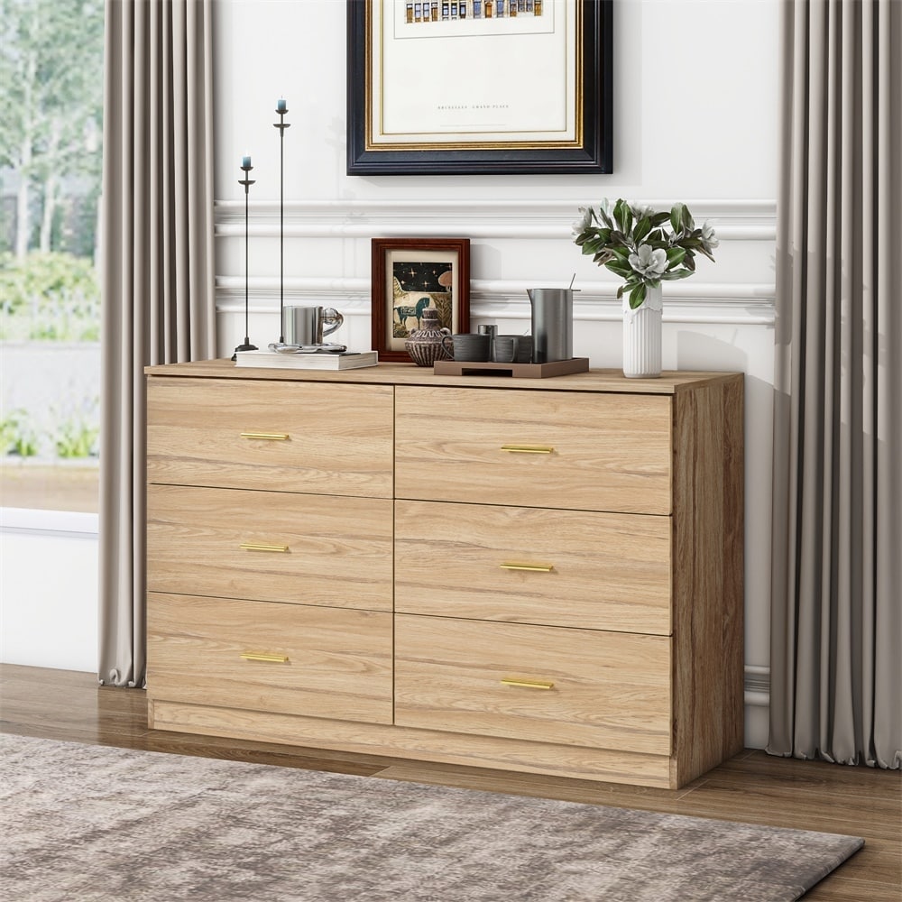 6 Drawer Dresser Chest Of Drawers For Bedroom Natural Side Cabinet Storage Cabinet Base Cabinet Accent Cabinet