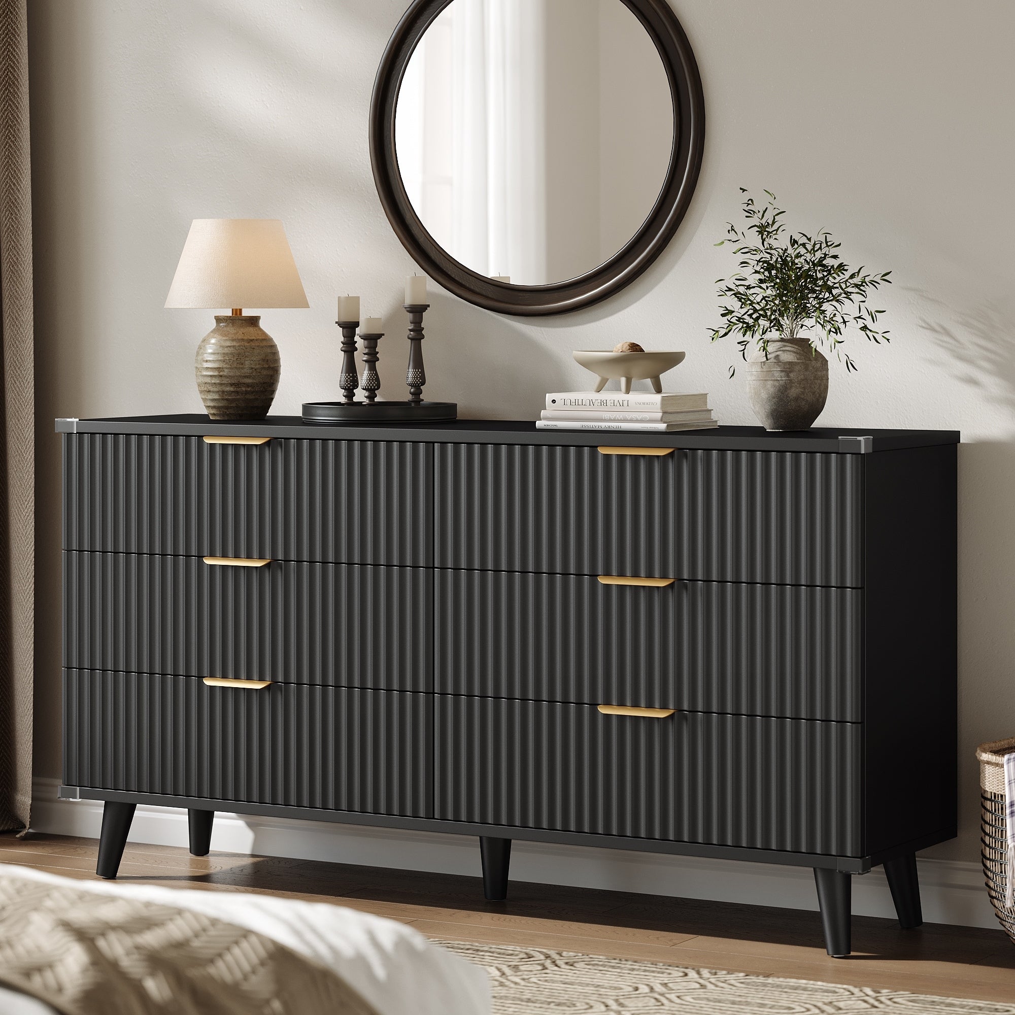 6 Drawer Dresser For Bedroom 53 Wide Boho Fluted Dresser