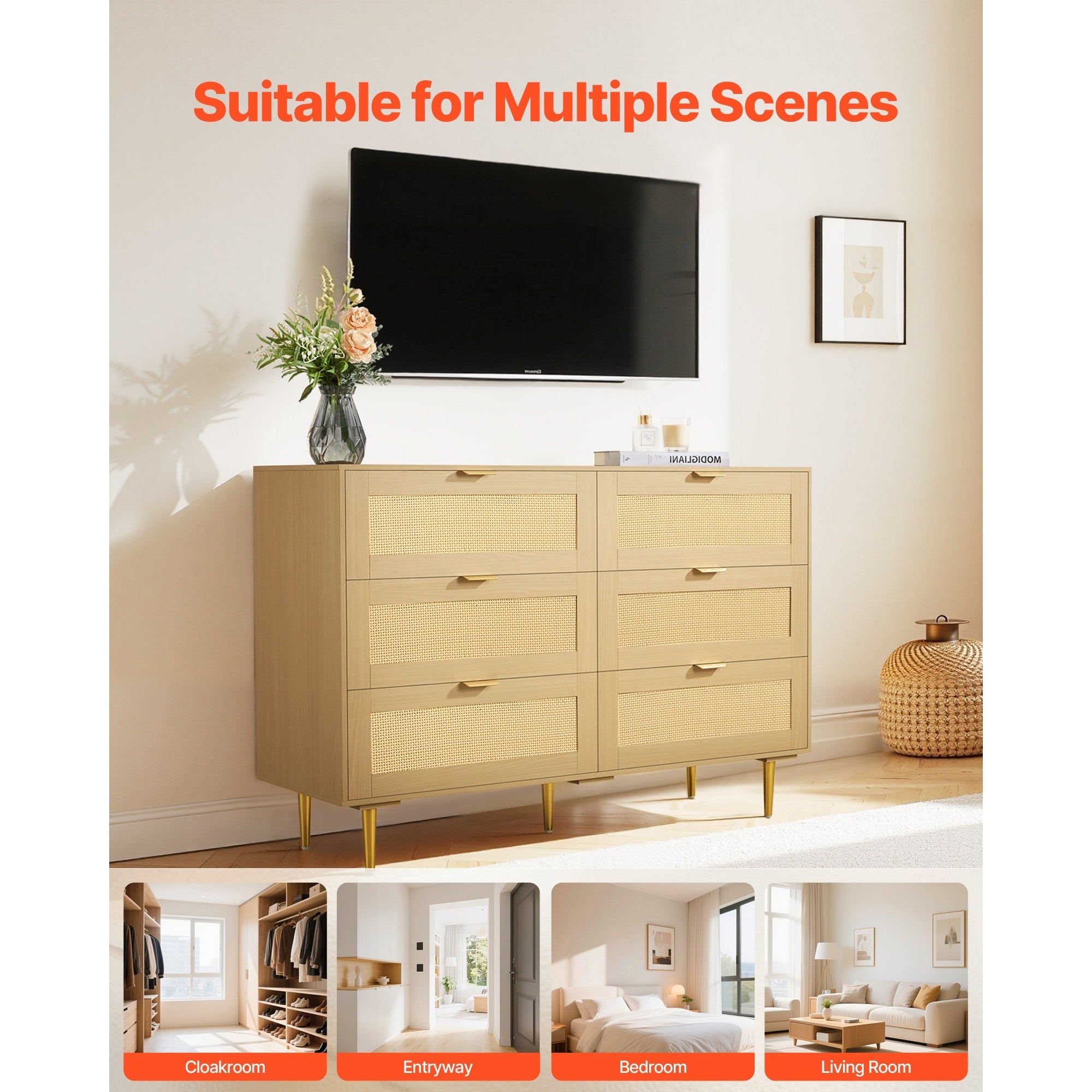 6 Drawer Rattan Dresser Chest Of Drawers With Metal Handles Clothing Organizer Side Cabinet Storage Cabinet