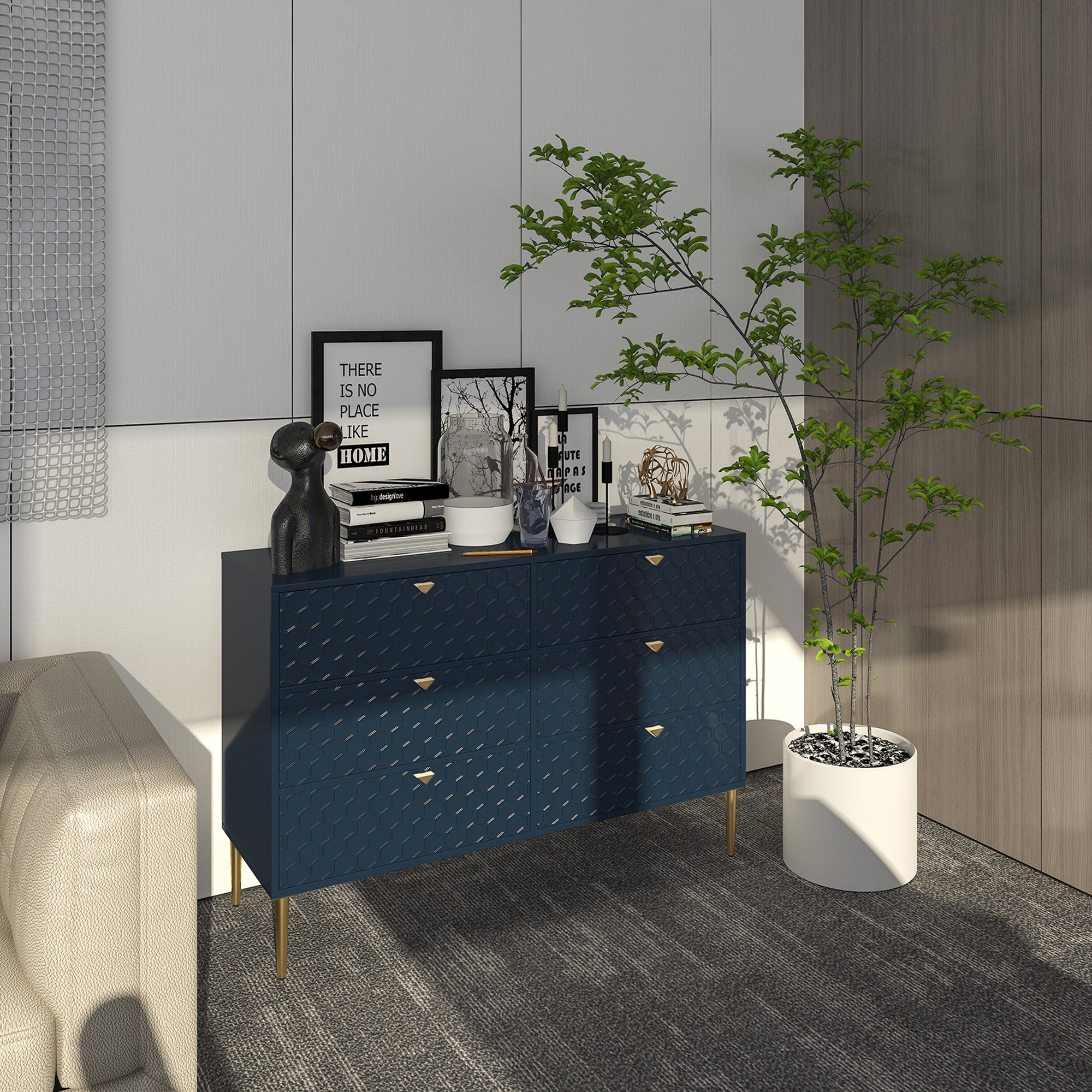 6 Drawer Storage Cabinet Chest Of Drawers For Living Room Dark Blue Bedroom Pantry Cabinet File Cabinet