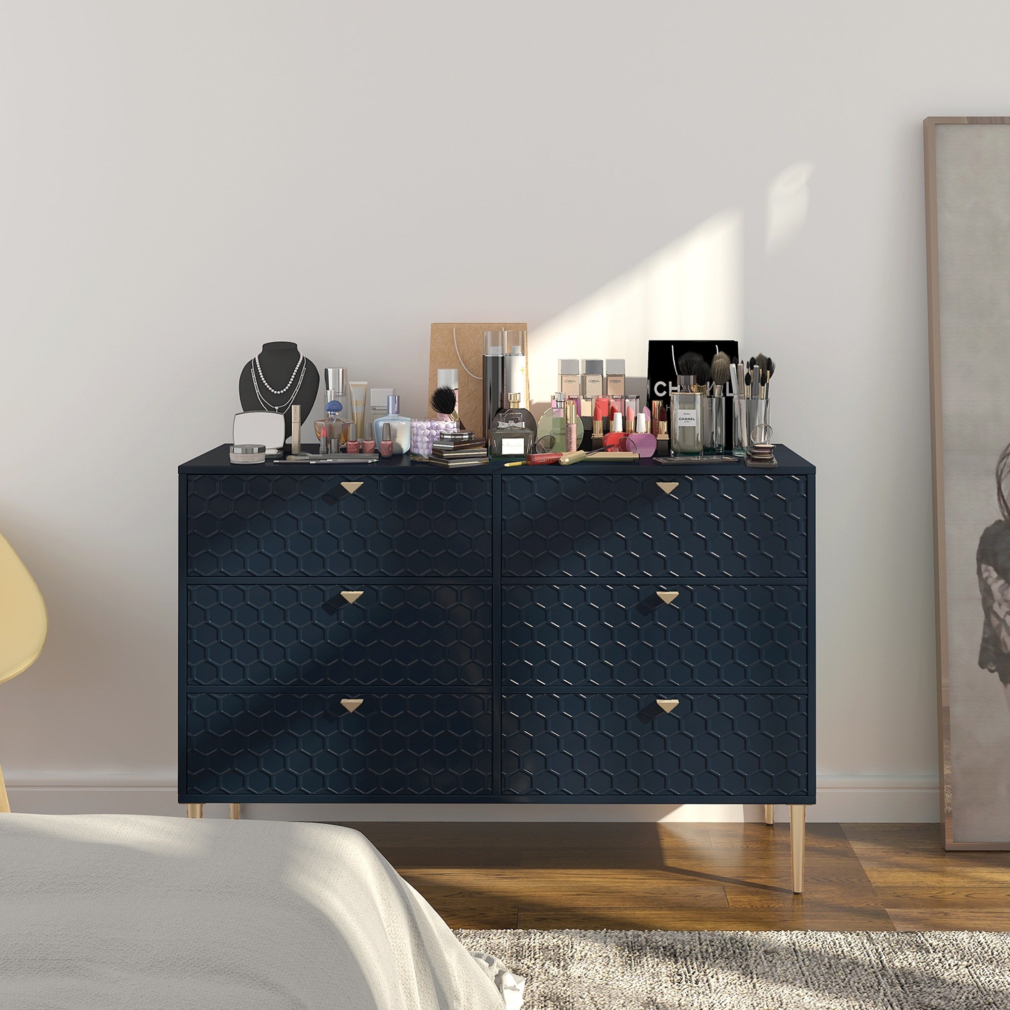 6 Drawer Storage Chest Of Drawers With 3D Honeycomb Pattern Wood Veneered Mdf Cabinet For Bedroom Living Room Kitchen And Office