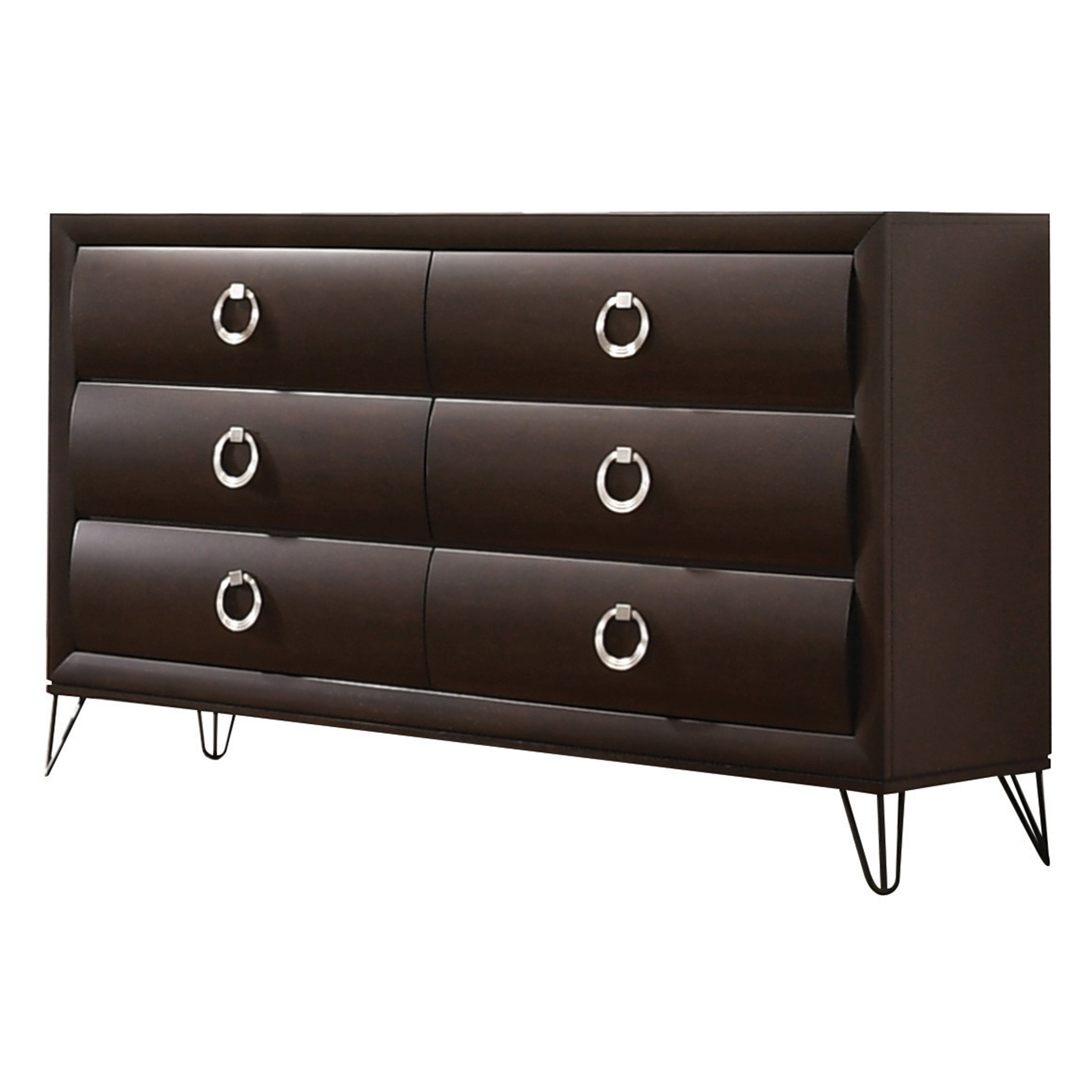 6 Drawer Wooden Dresser With Metal Ring Handles And Harpin Legs Brown