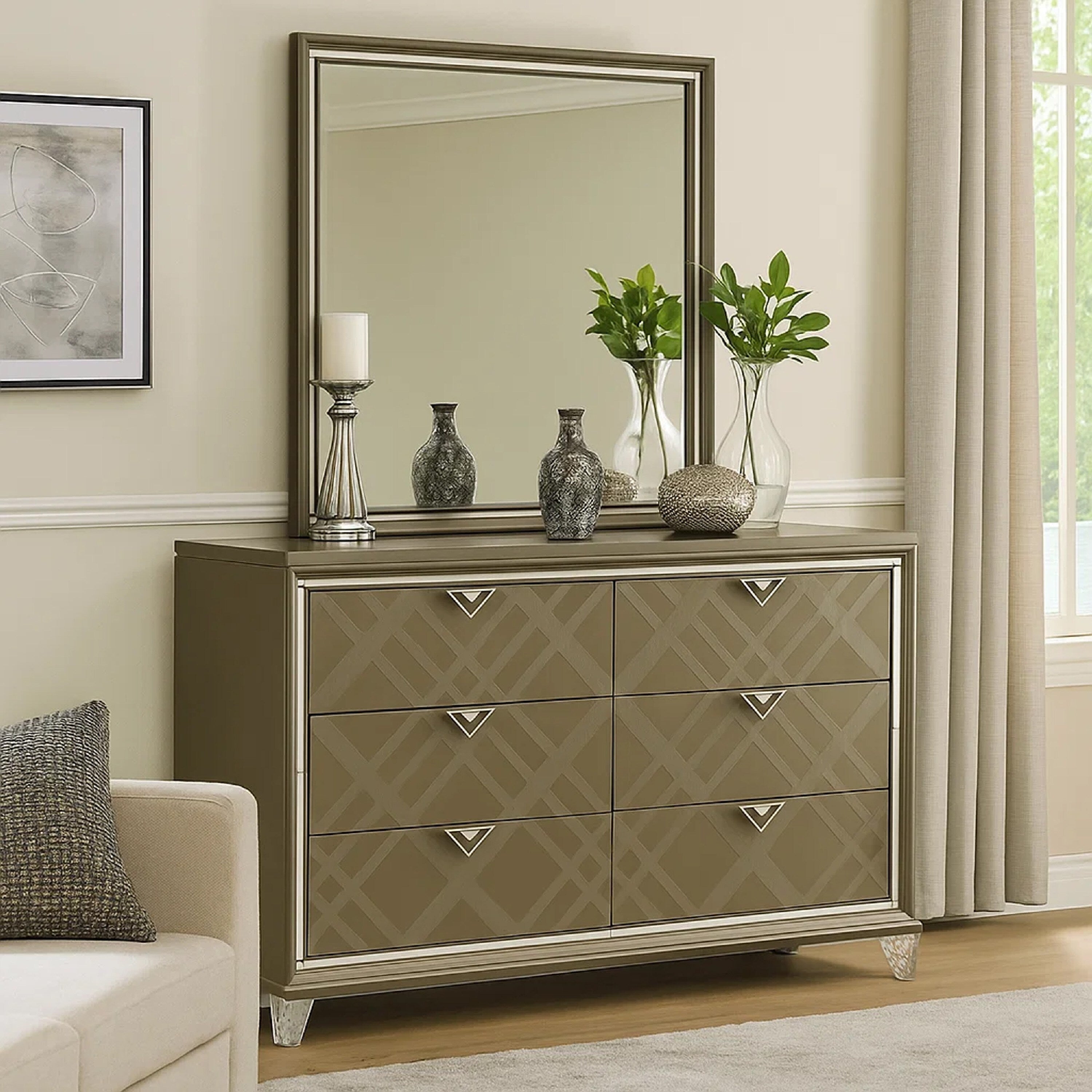 6 Drawer Wooden Dresser With Mirror Accent And Acrylic Legs Taupe Brown