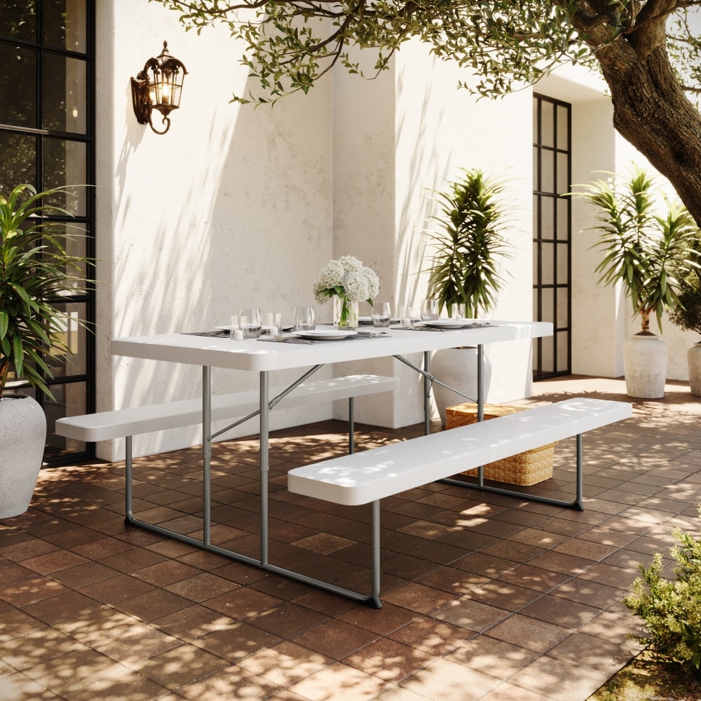 6 Ft Folding Picnic Table Steel Frame And Hdpe Top And Benches 59.5 W X 72 D X 29.25 H