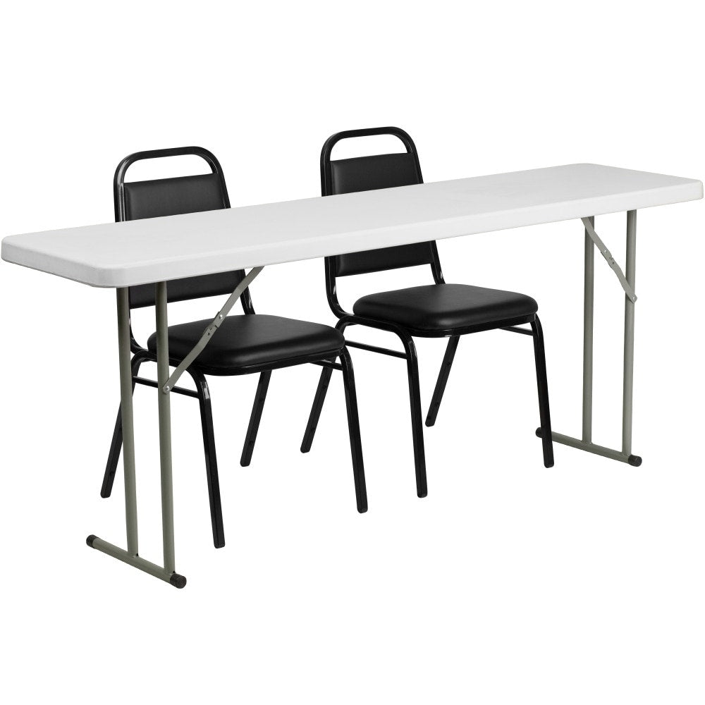 18 Inch X 72 Inch Plastic Folding Training Table With 2 Trapezoidal Back Stack Chairs