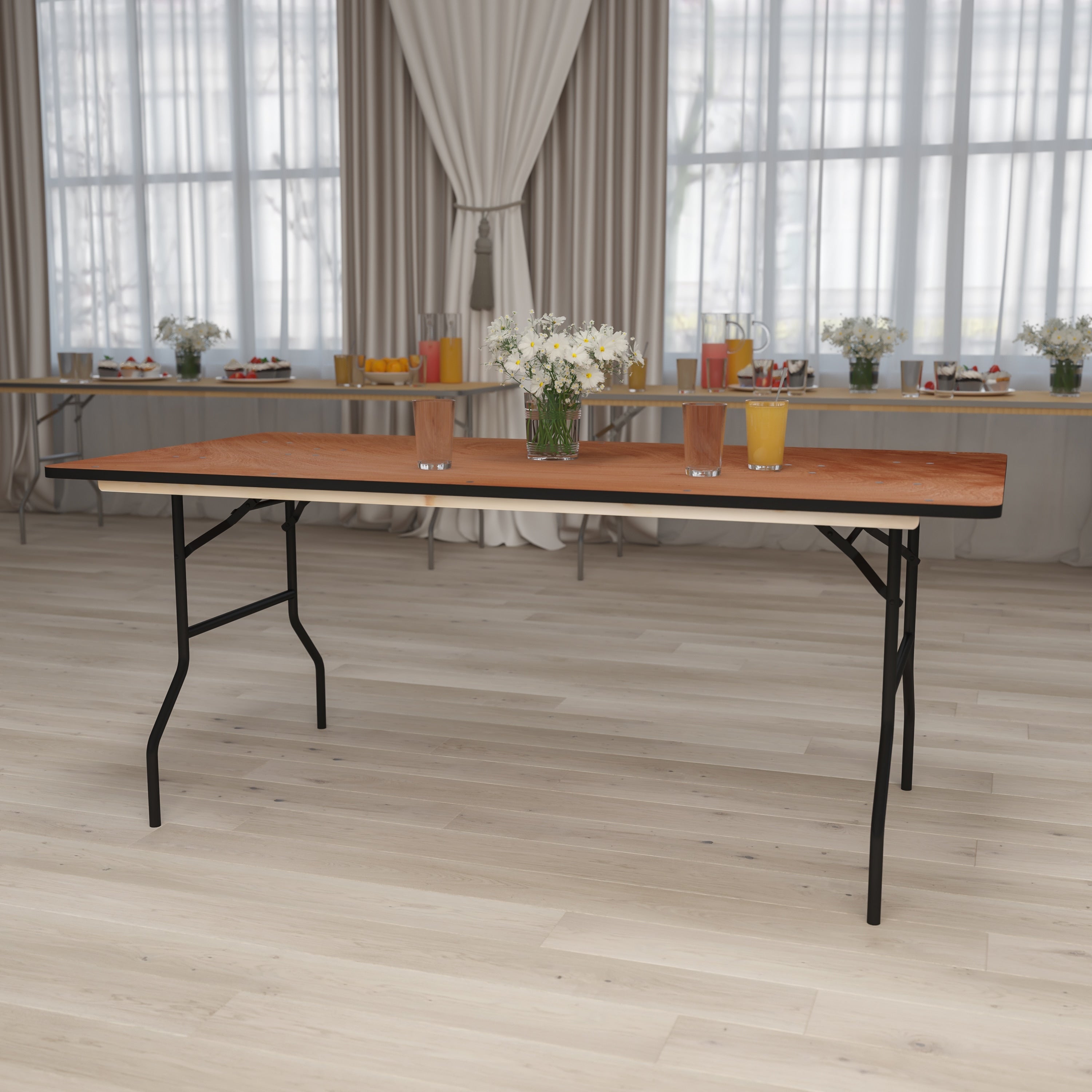 36 Inch X 72 Inch Rectangular Wood Folding Banquet Table With Clear Coated Finished Top