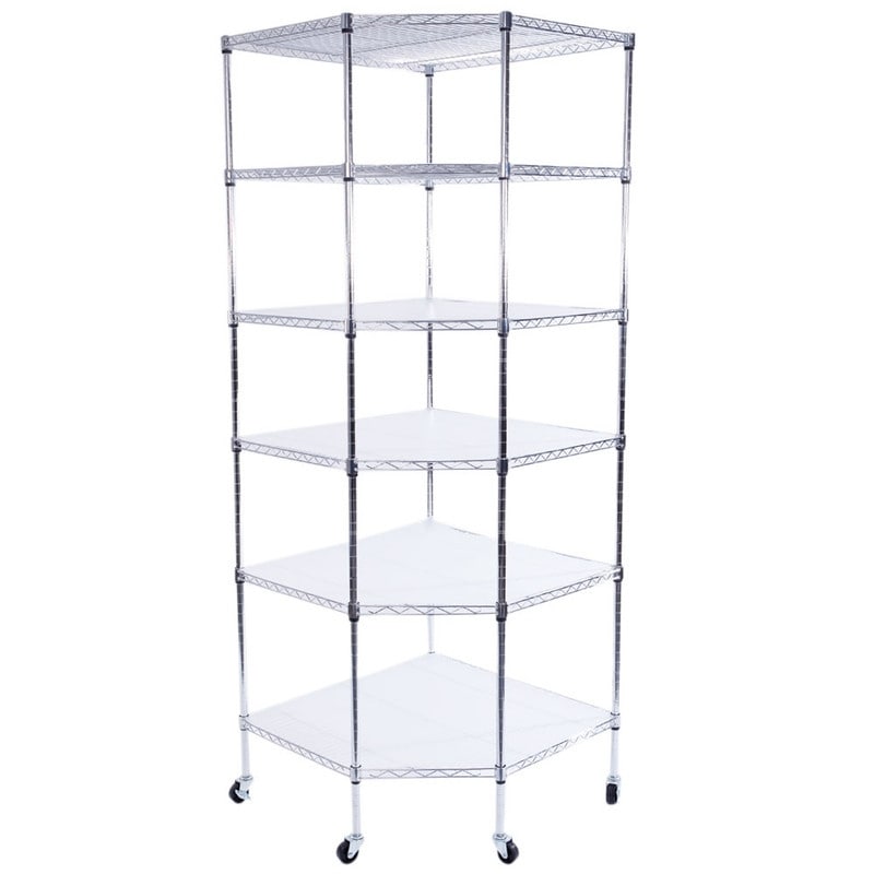 6 Layer Chrome Plated Polygonal Corner Shelf With 2 Pp Wheels 680 680 1800 Silver
