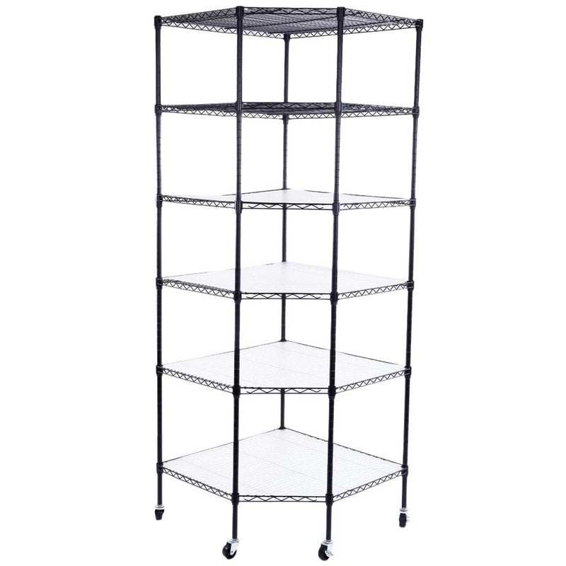 6 Layer Plastic Coated Polygonal Corner Shelf With 2 Pp Wheels 680 680 1800 Black