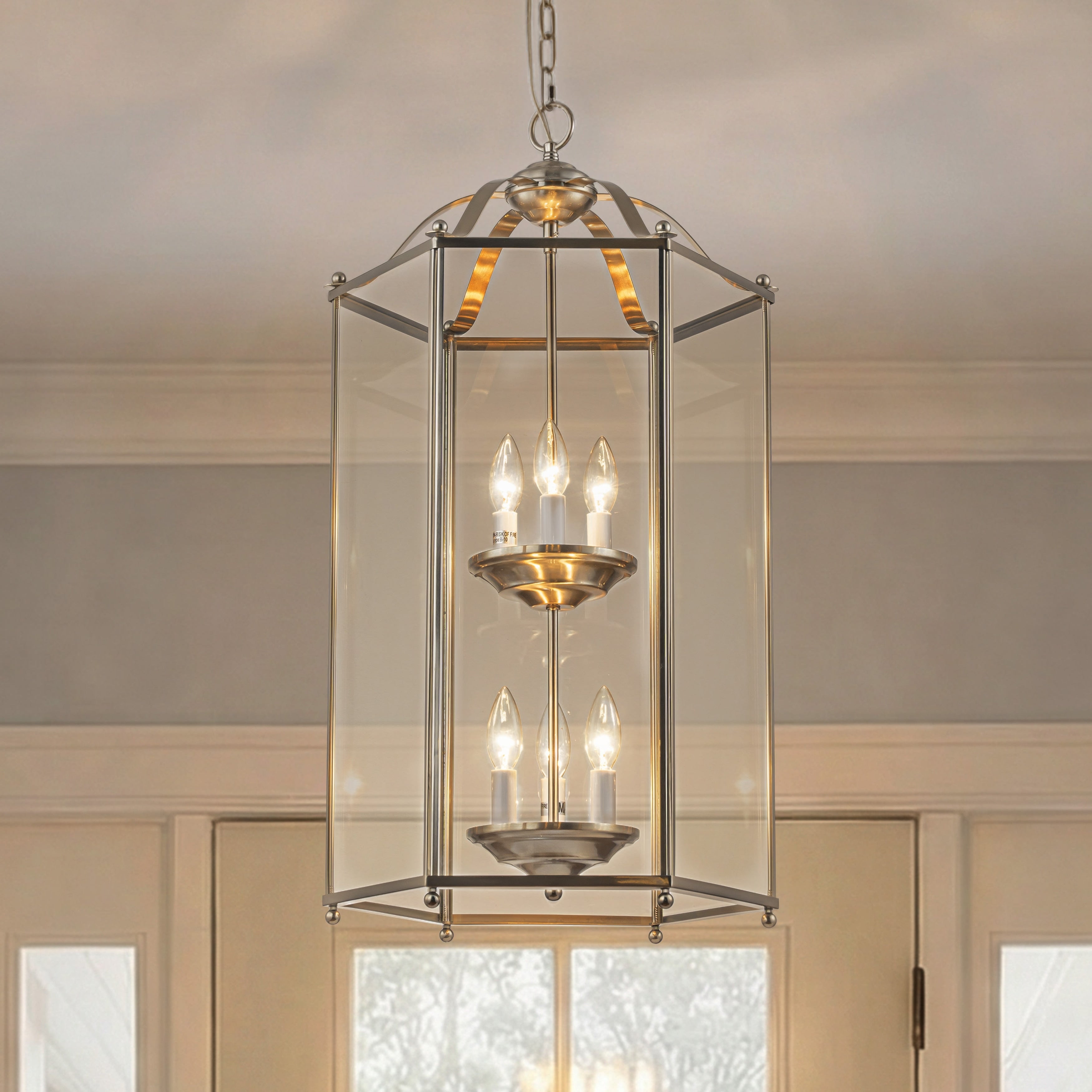 6 Light 2 Tier Satin Nickel Lantern Pendant Light 17 Vintage Empire Style Chandelier With Clear Glass Shade For Hall Entryway