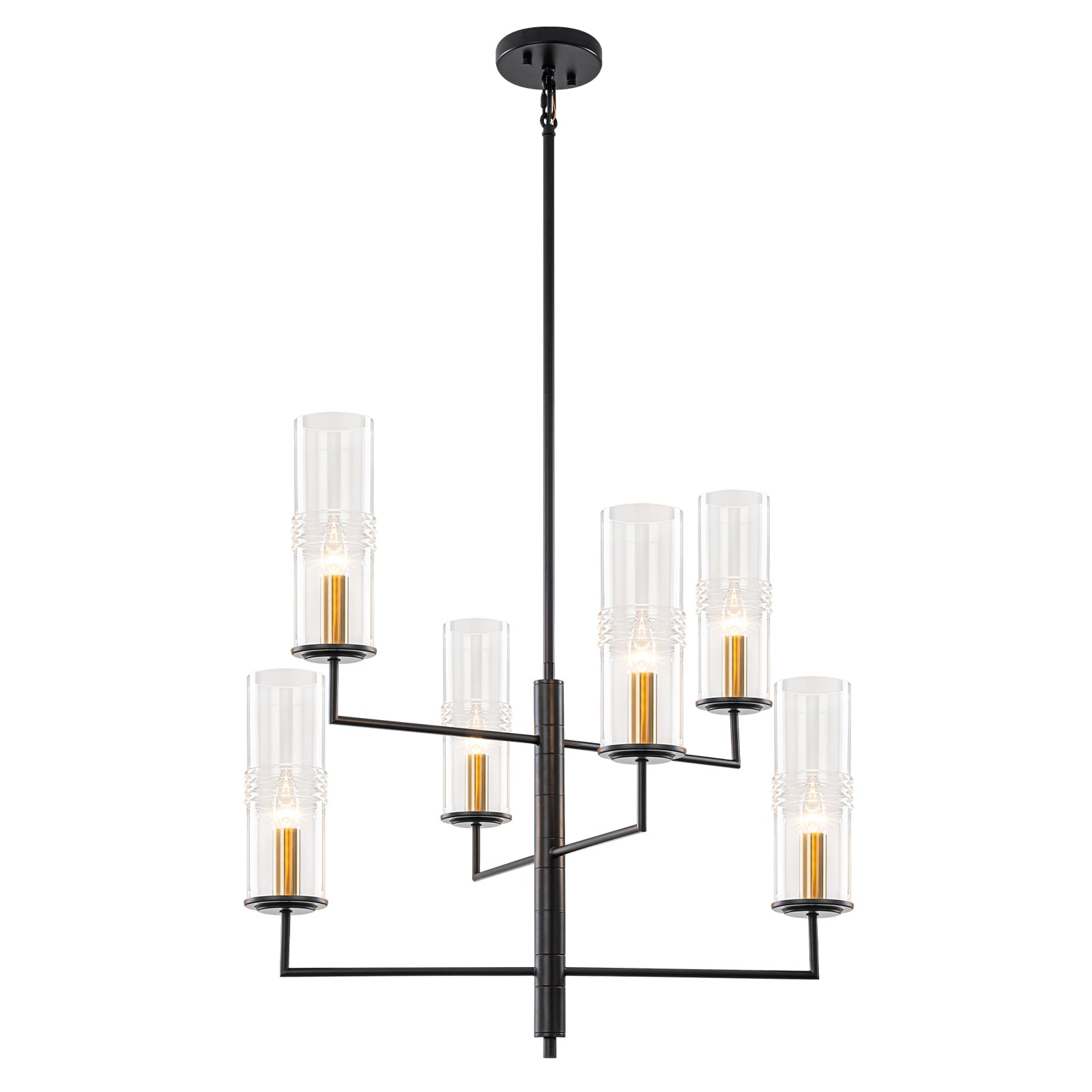 6 Light 3 Tier Industrial Chandelier Clear Cylindrical Glass Shades Dia.25 In
