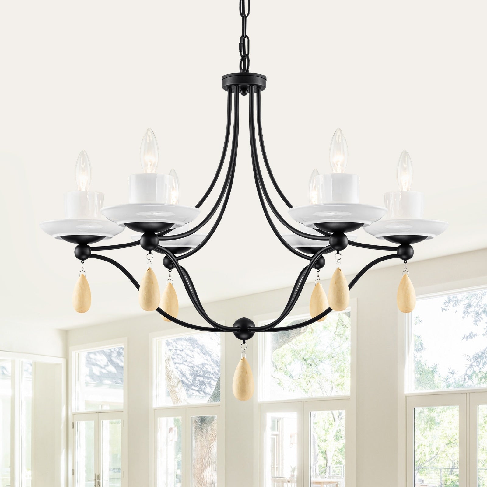 6 Light Black Candelabra Chandelier With Ceramic Dish Shades Dia.28.35 In