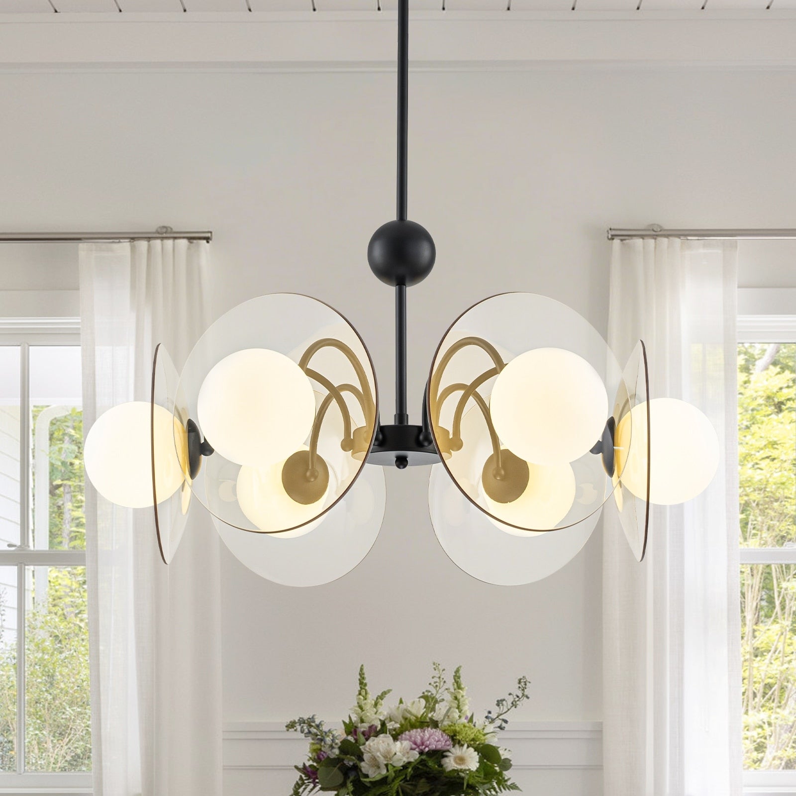 6 Light Black Chandelier With Frosted Milky White Glass Globes Dia.29.92 In