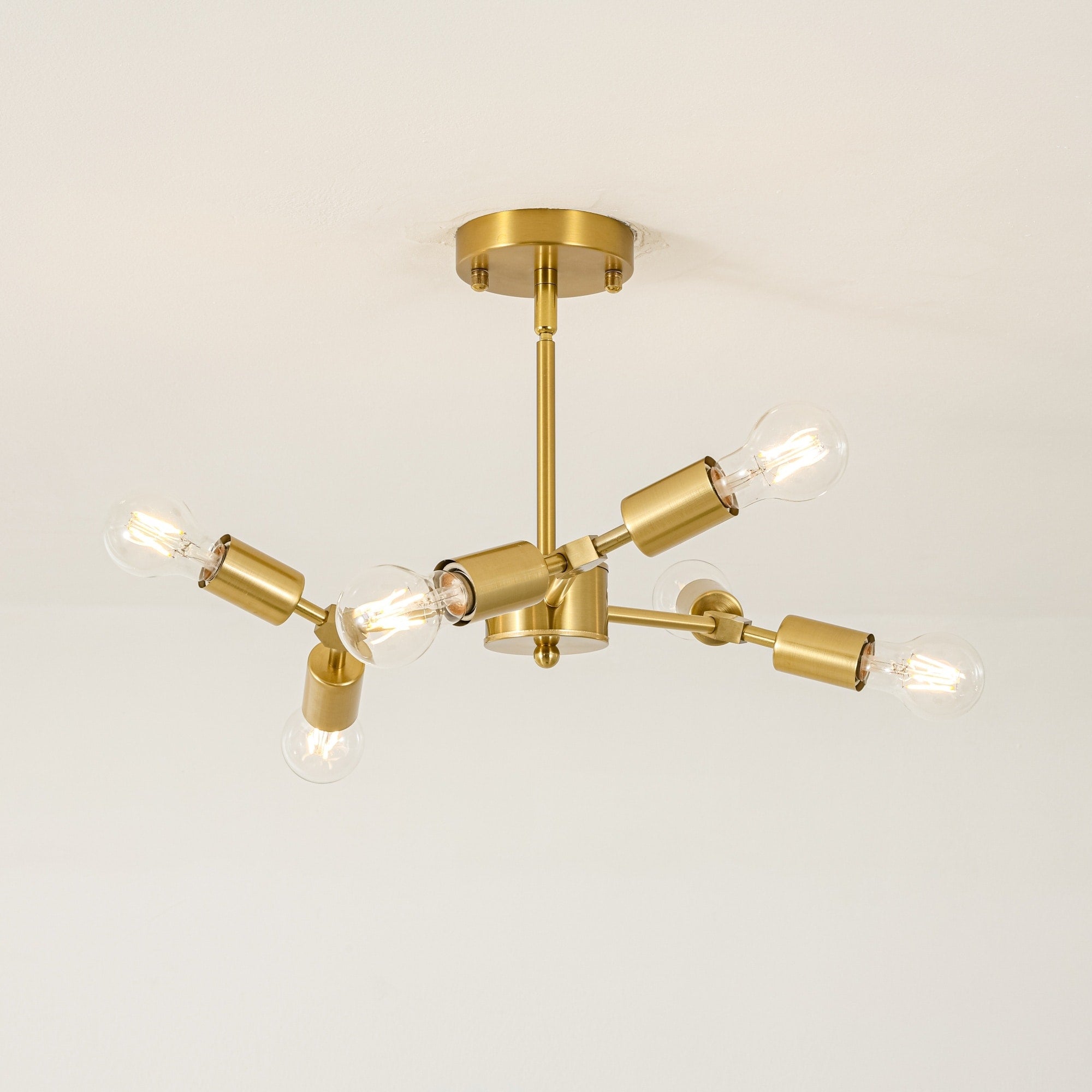6 Light Black Gold Modern Branching Sputnik Linear Dimmable Semi Flush Mount Light For Living Room