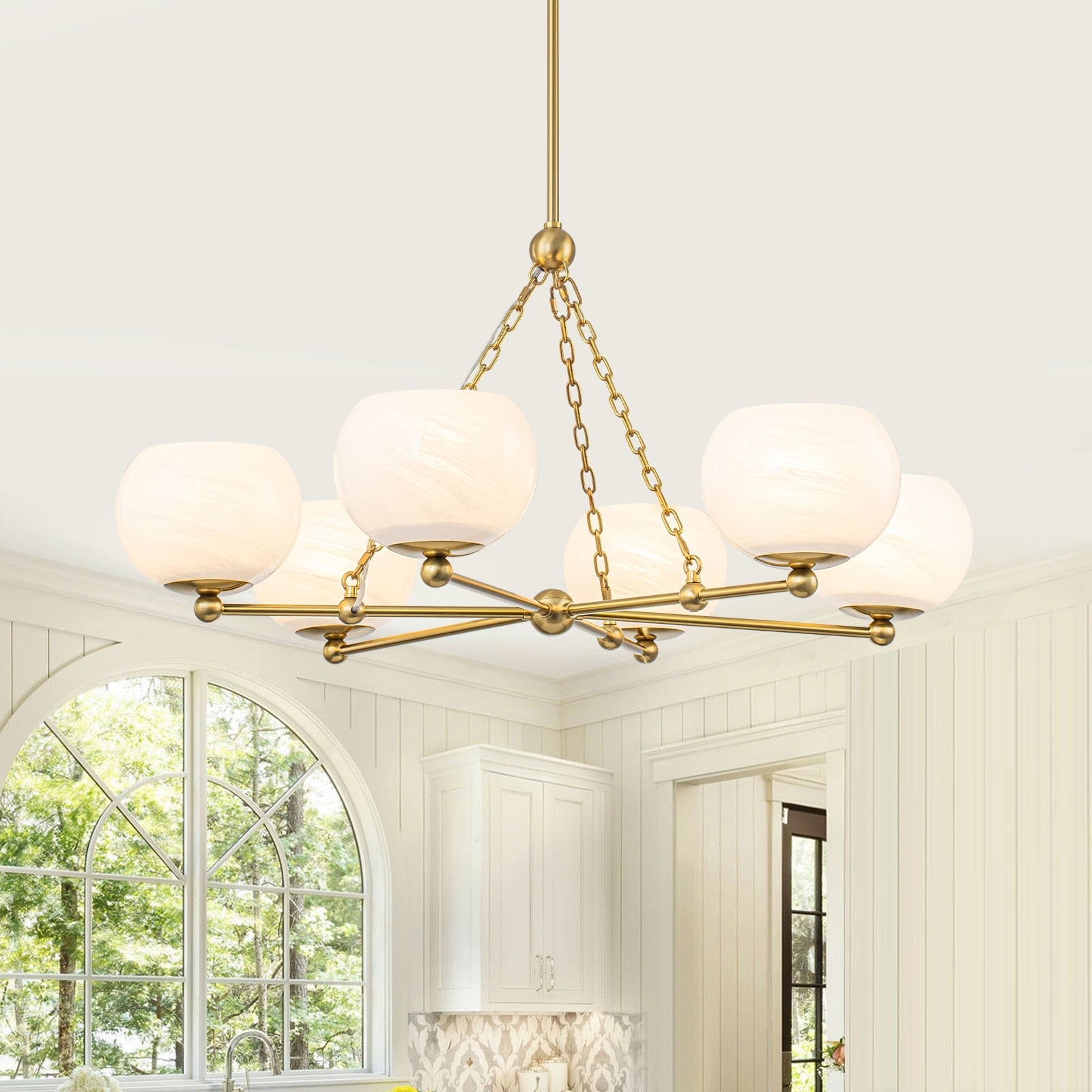 6 Light Brushed Gold Branch Chandelier With Cloud Pattern Glass Shades Dia.35.43 In