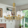 6 Light Brushed Gold Chandelier Clear Water Ripple Glass Globe Shades Dia.29.13 Inch