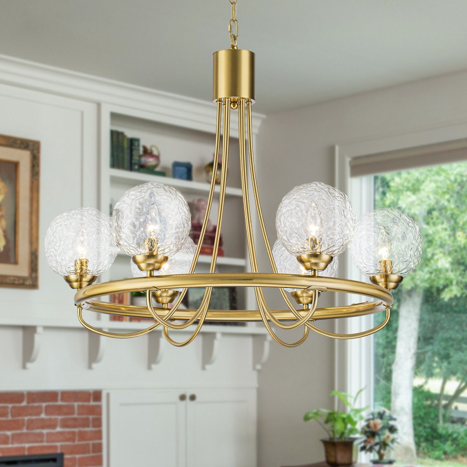 6 Light Brushed Gold Chandelier Clear Water Ripple Glass Globe Shades Dia.29.13 Inch